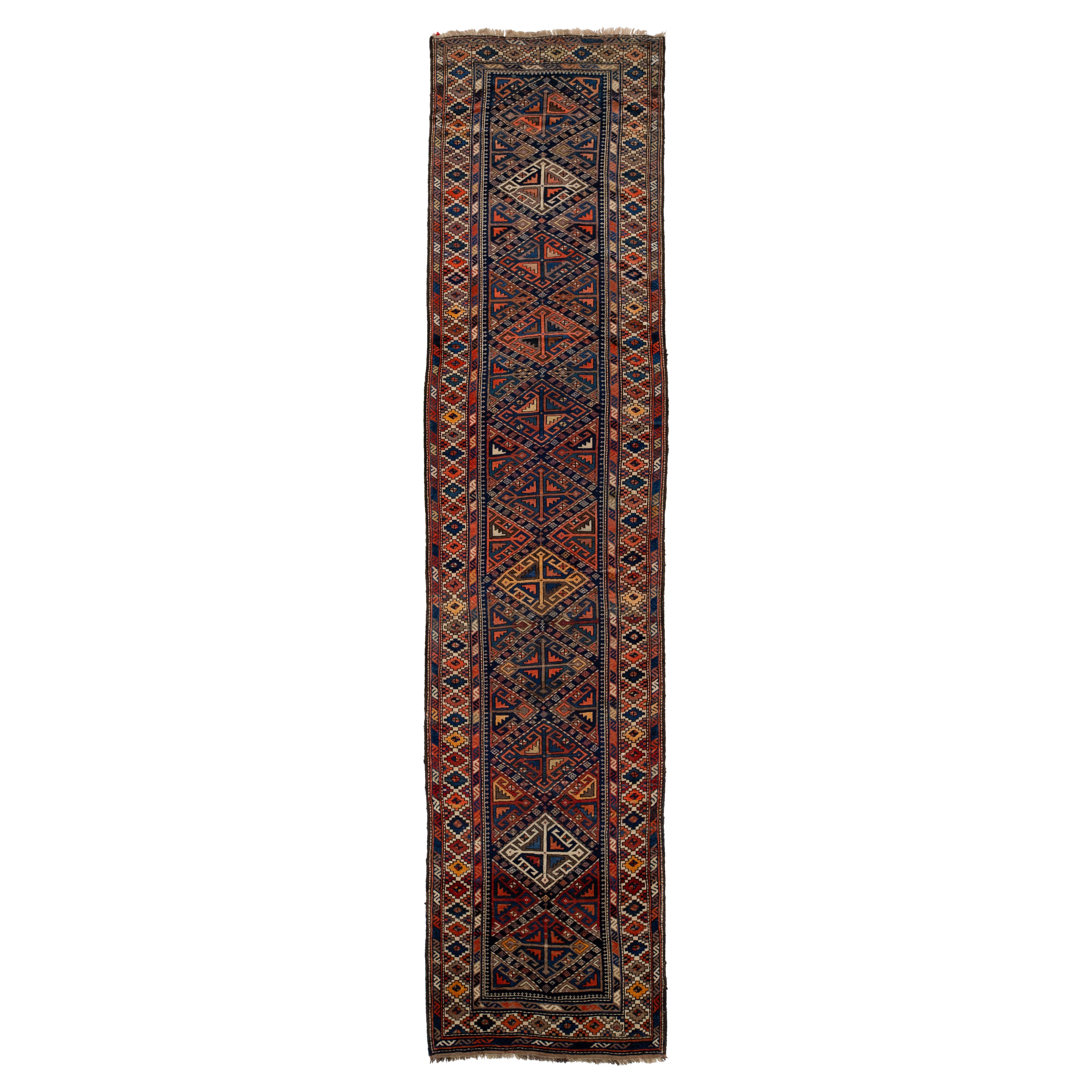 Runner in lana persiano Malayer antico dal design geometrico in blu