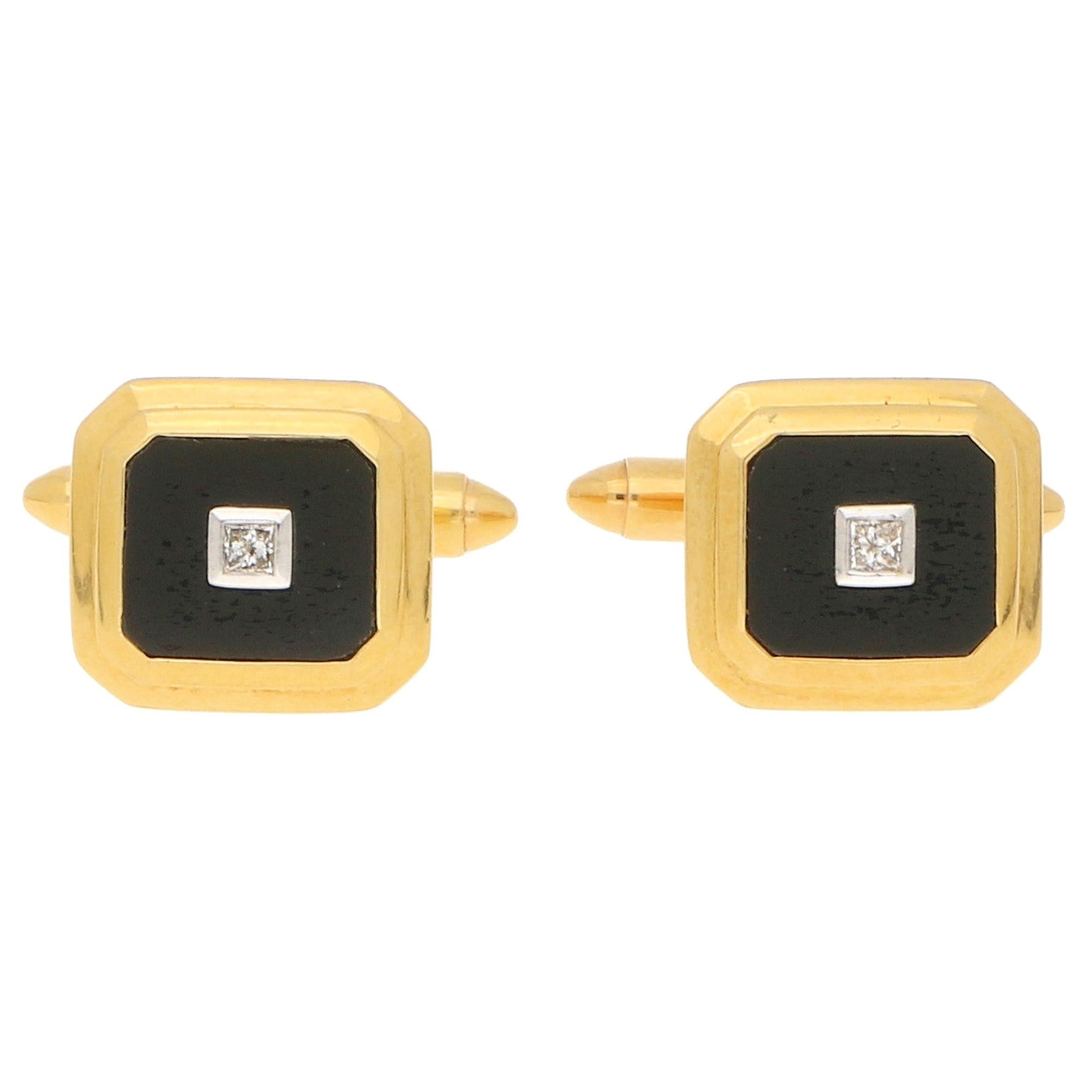 Geometric Diamond and Onyx Cufflinks in Yellow Gold