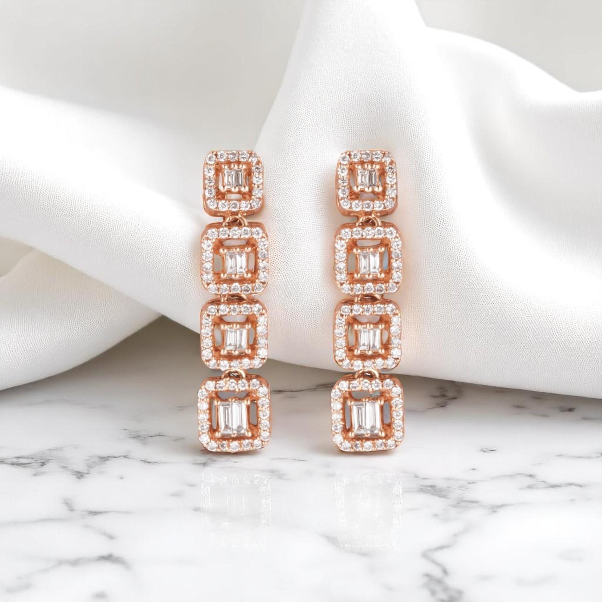 Taglio baguette Orecchini a cerchio con diamante geometrico in oro massiccio 14K (certificati) in vendita