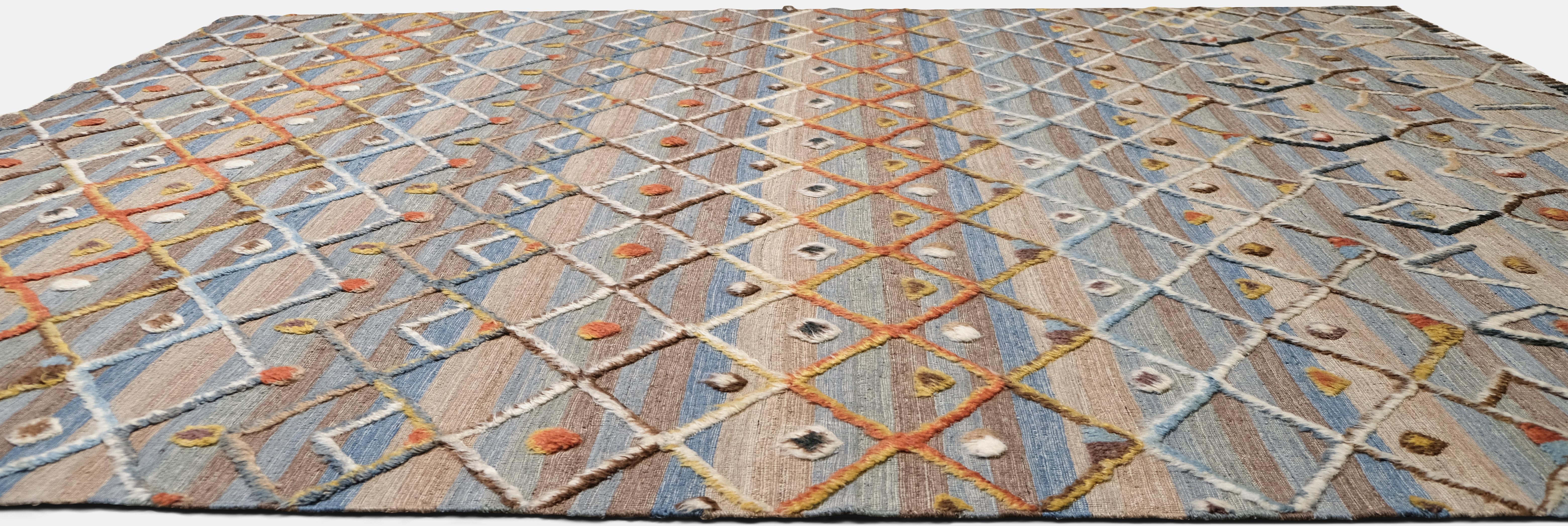 Pakistani Geometric Diamond Patterned Wool High Low Rug 10'5''x14'2'' For Sale