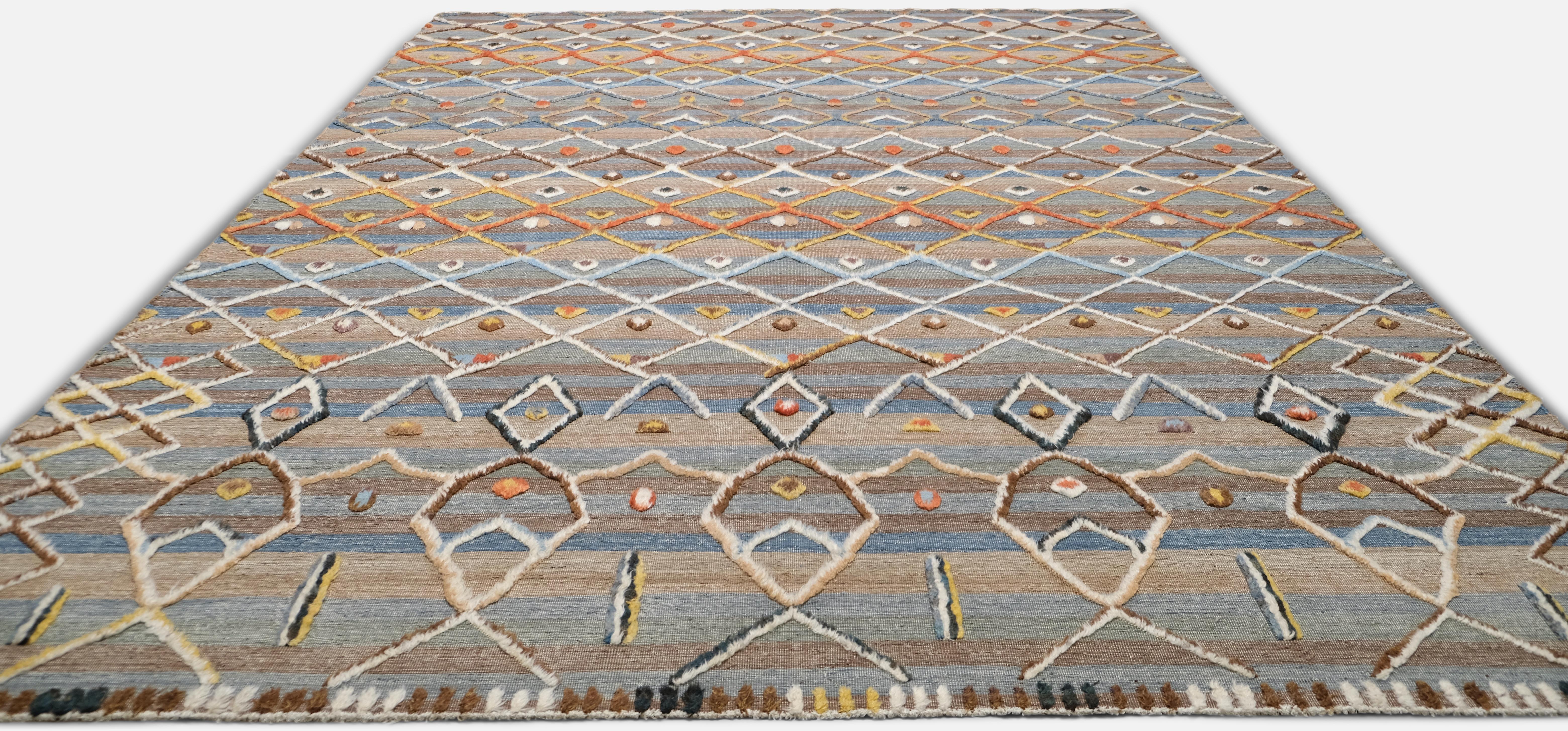Hand-Knotted Geometric Diamond Patterned Wool High Low Rug 10'5''x14'2'' For Sale