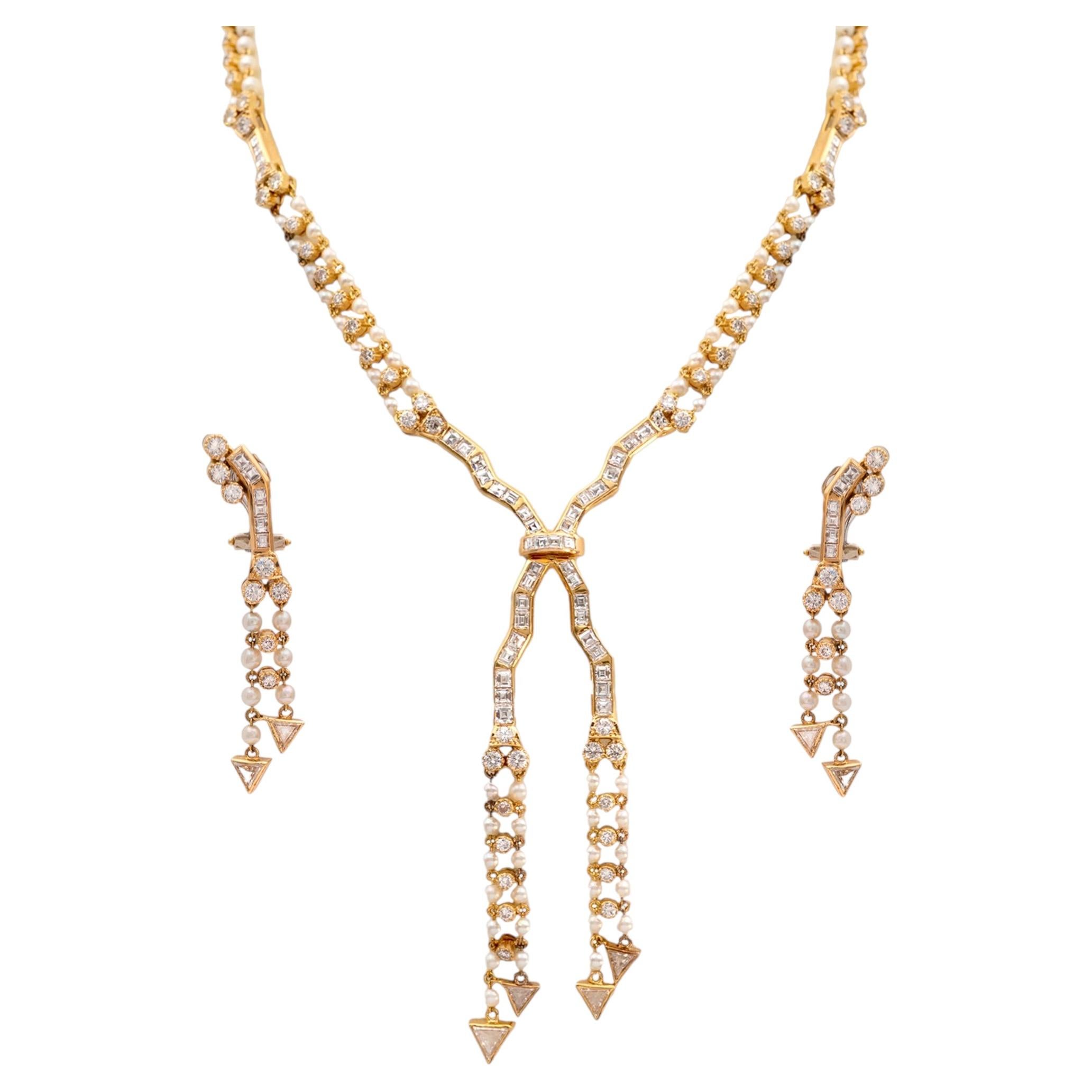 Vintage Diamond Double-Strand Pearl 18K Gold Negligee Necklace and Earrings Set For Sale