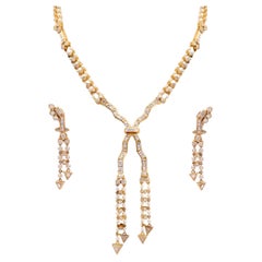 Geometric Diamond Pearl 18k Yellow Gold Necklace and Earrings Set