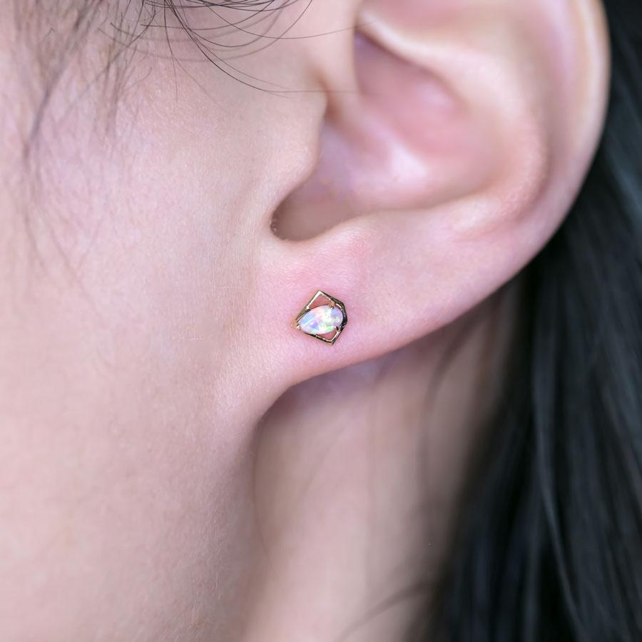 Arts and Crafts Geometric Diamond Shaped Australian Opal Stud Earrings 14k Yellow Gold For Sale