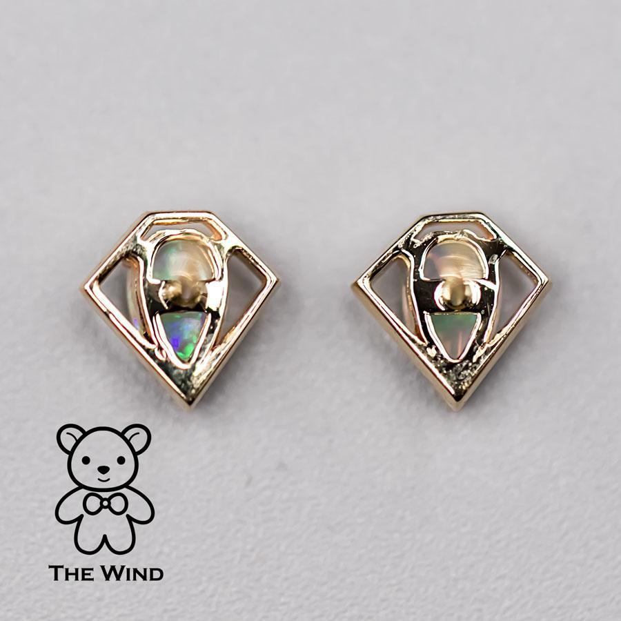 Geometric Diamond Shaped Australian Opal Stud Earrings 14k Yellow Gold In New Condition For Sale In Suwanee, GA