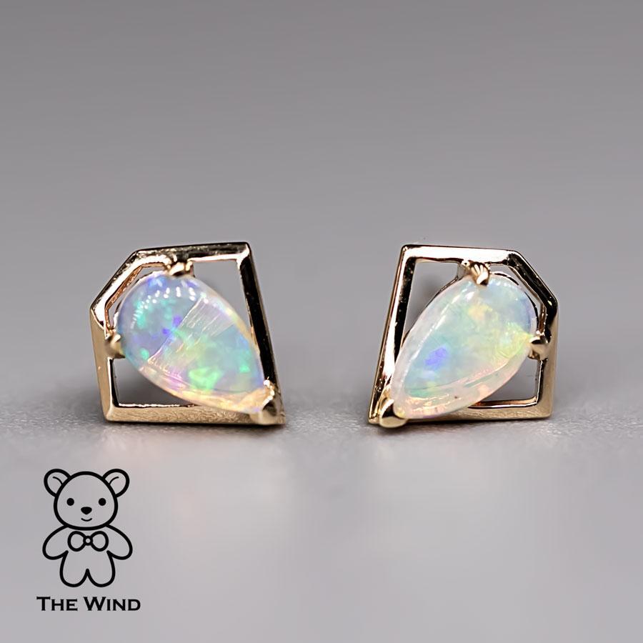 Women's or Men's Geometric Diamond Shaped Australian Opal Stud Earrings 14k Yellow Gold For Sale