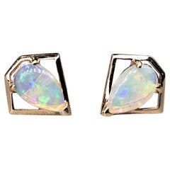 Geometric Diamond Shaped Australian Opal Stud Earrings 14k Yellow Gold