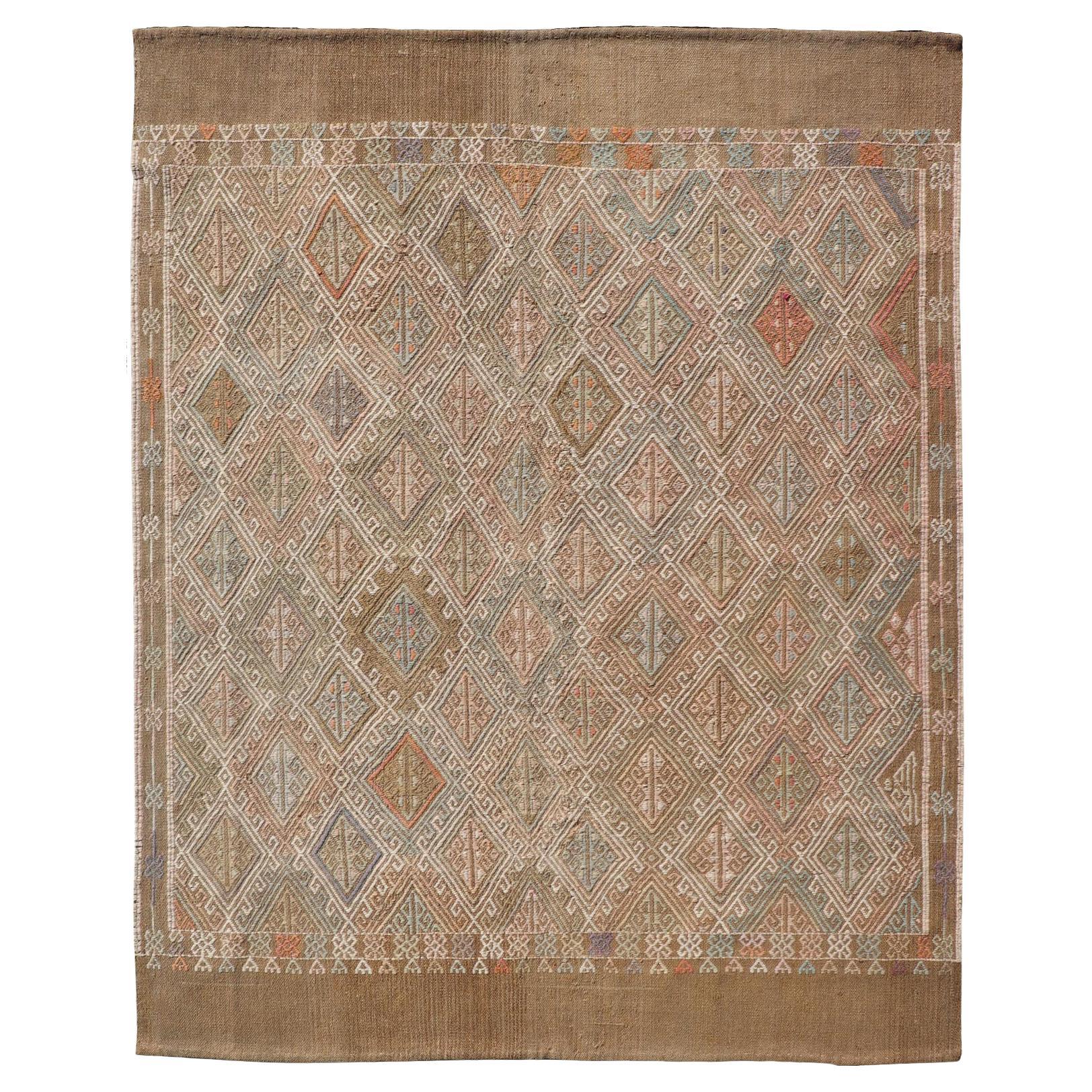 Geometric Diamond Stripe Turkish Vintage Kilim Rug in Warm Earth Tones