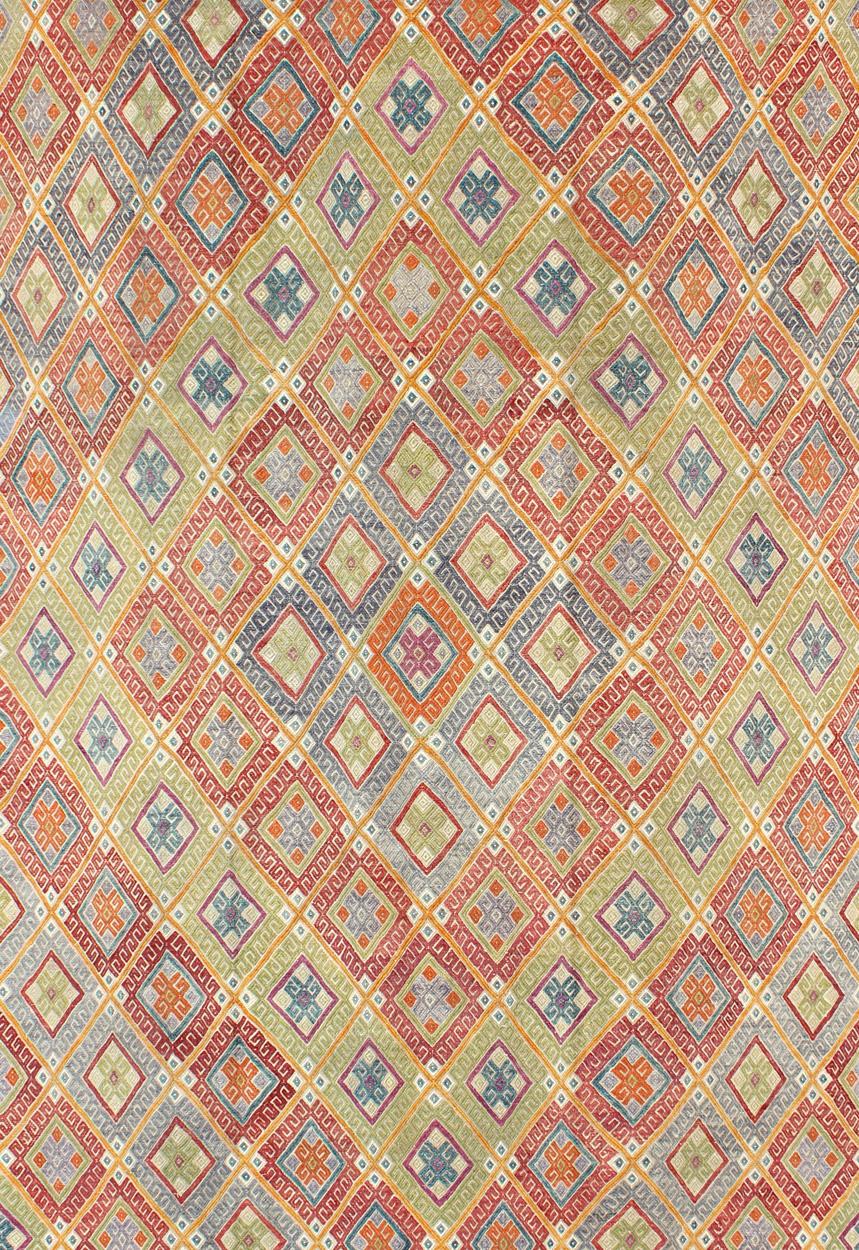 Geometrischer türkischer Kelim-Teppich im Vintage-Stil mit Diamanten, leuchtend und farbenfroh (Türkisch) im Angebot
