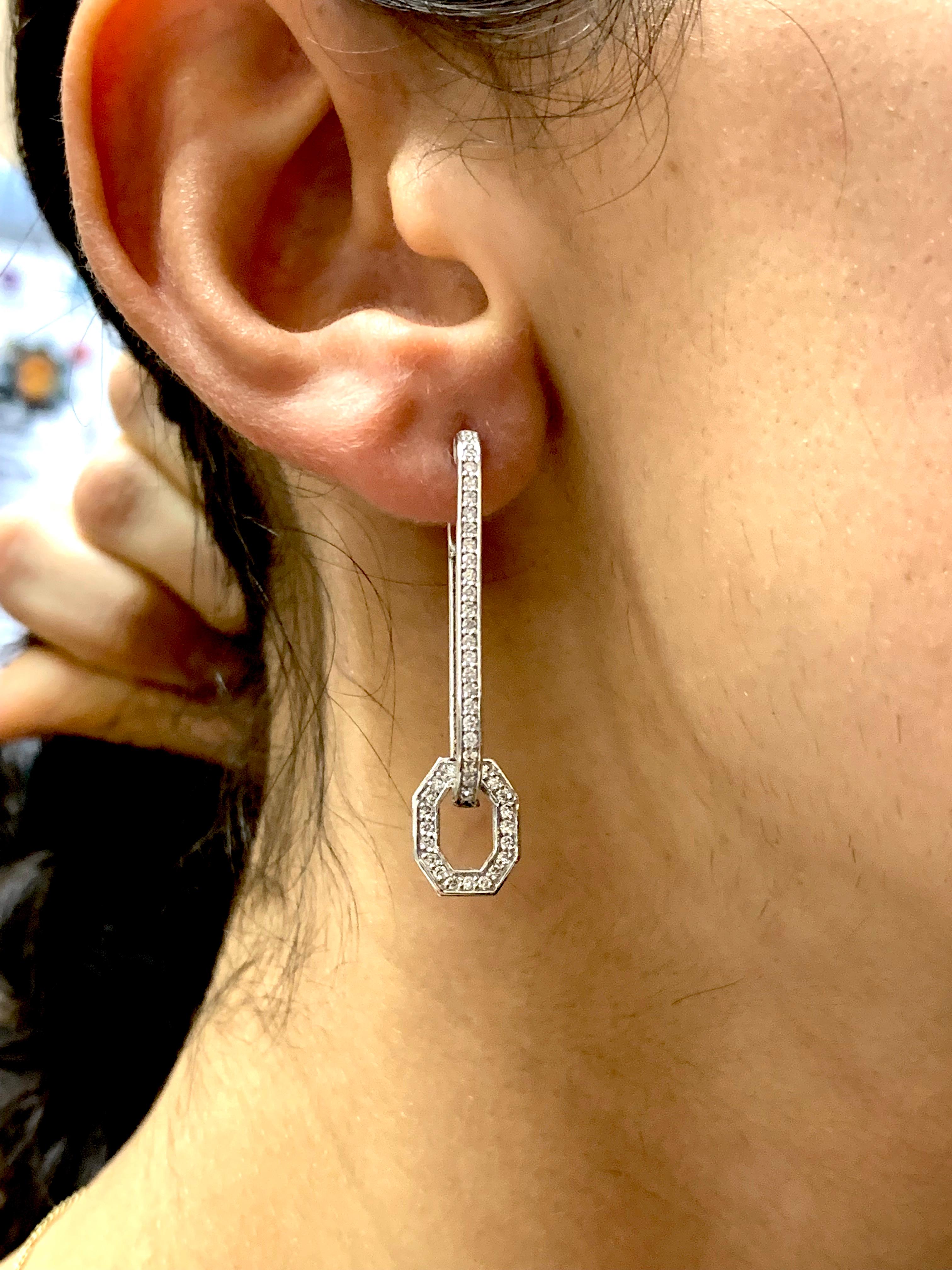 Round Cut Geometric Round Diamond Dangle Open Hoop Paperclip Earrings 14K White Gold