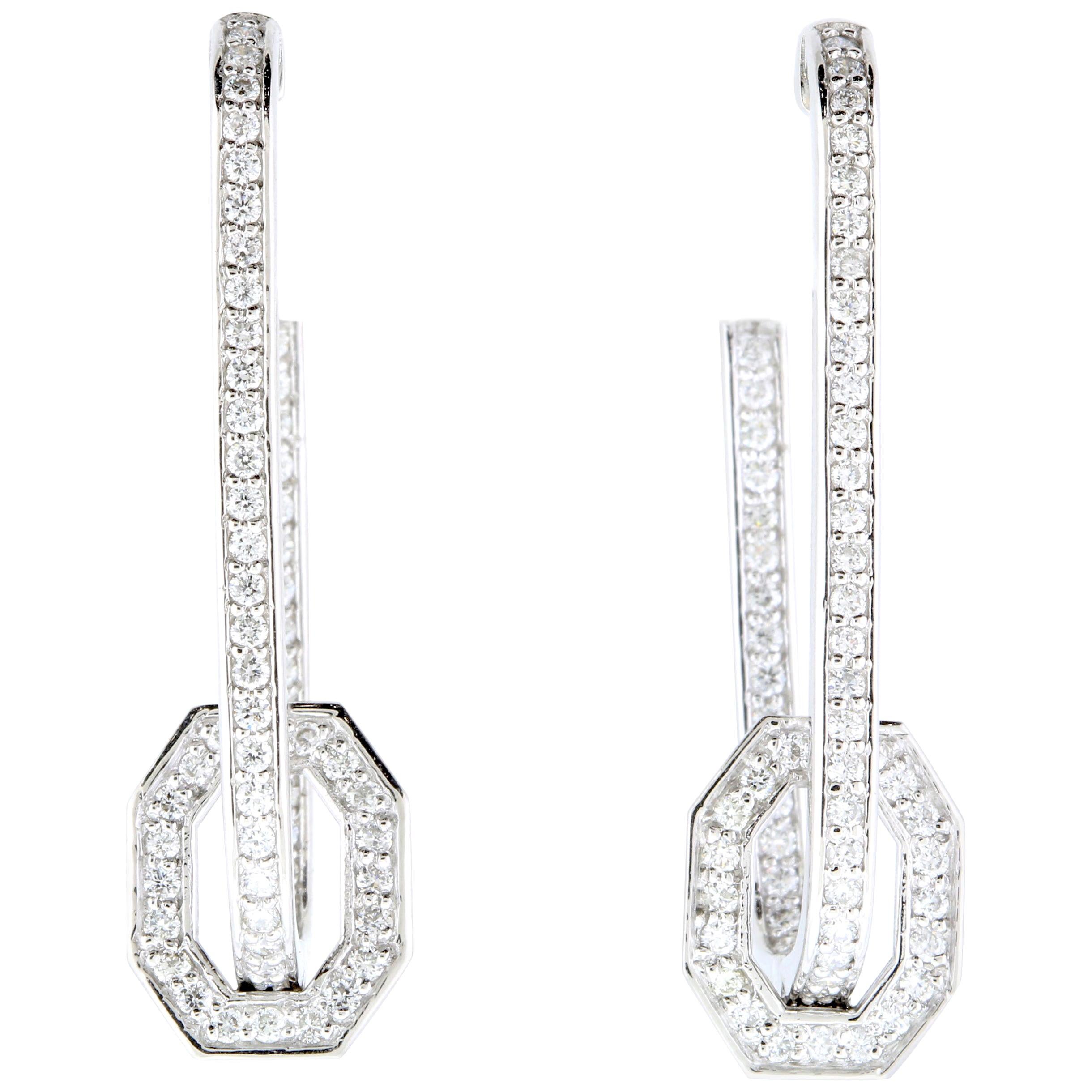 Geometric Round Diamond Dangle Open Hoop Paperclip Earrings 14K White Gold