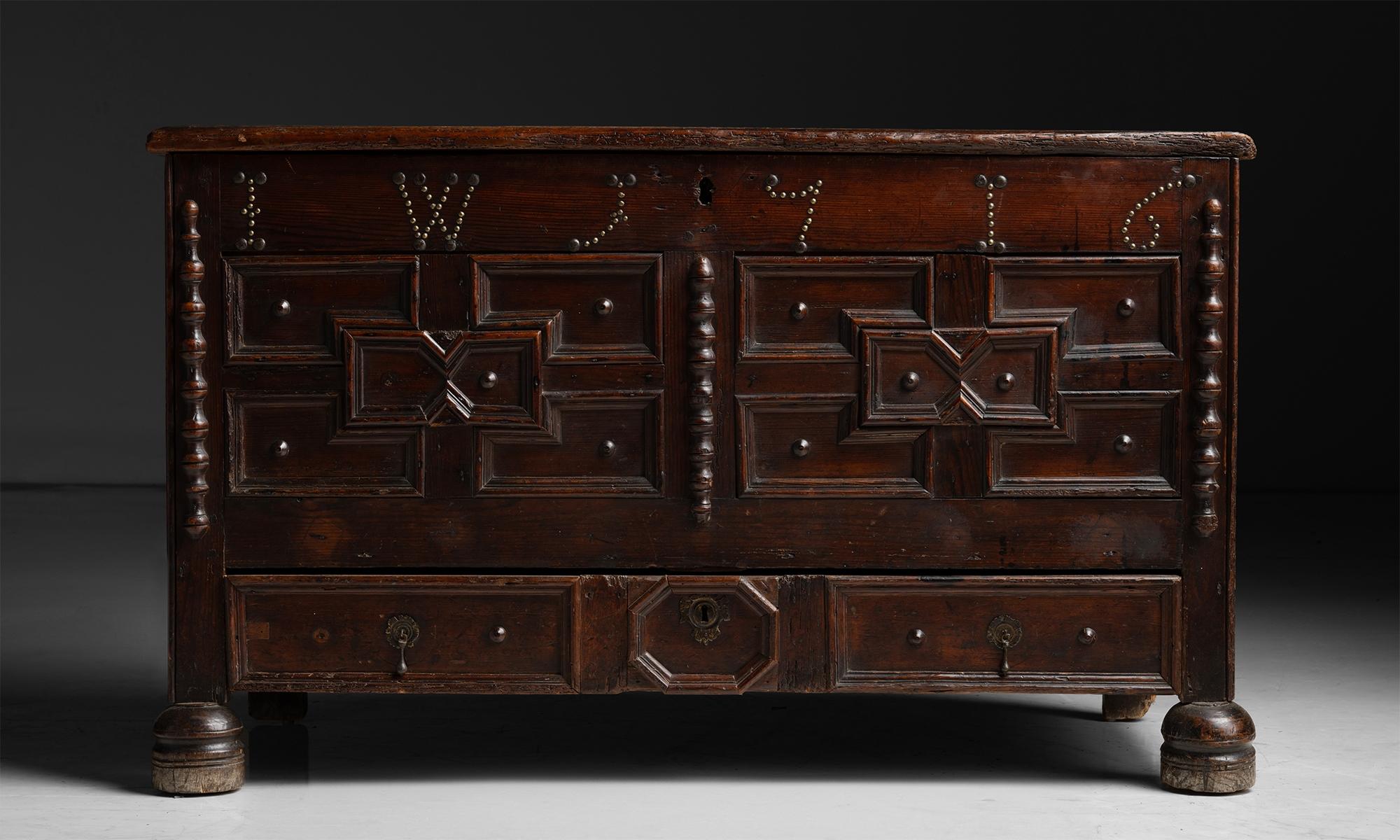 18th Century and Earlier Geometric Dowery Chest, England 1716 For Sale
