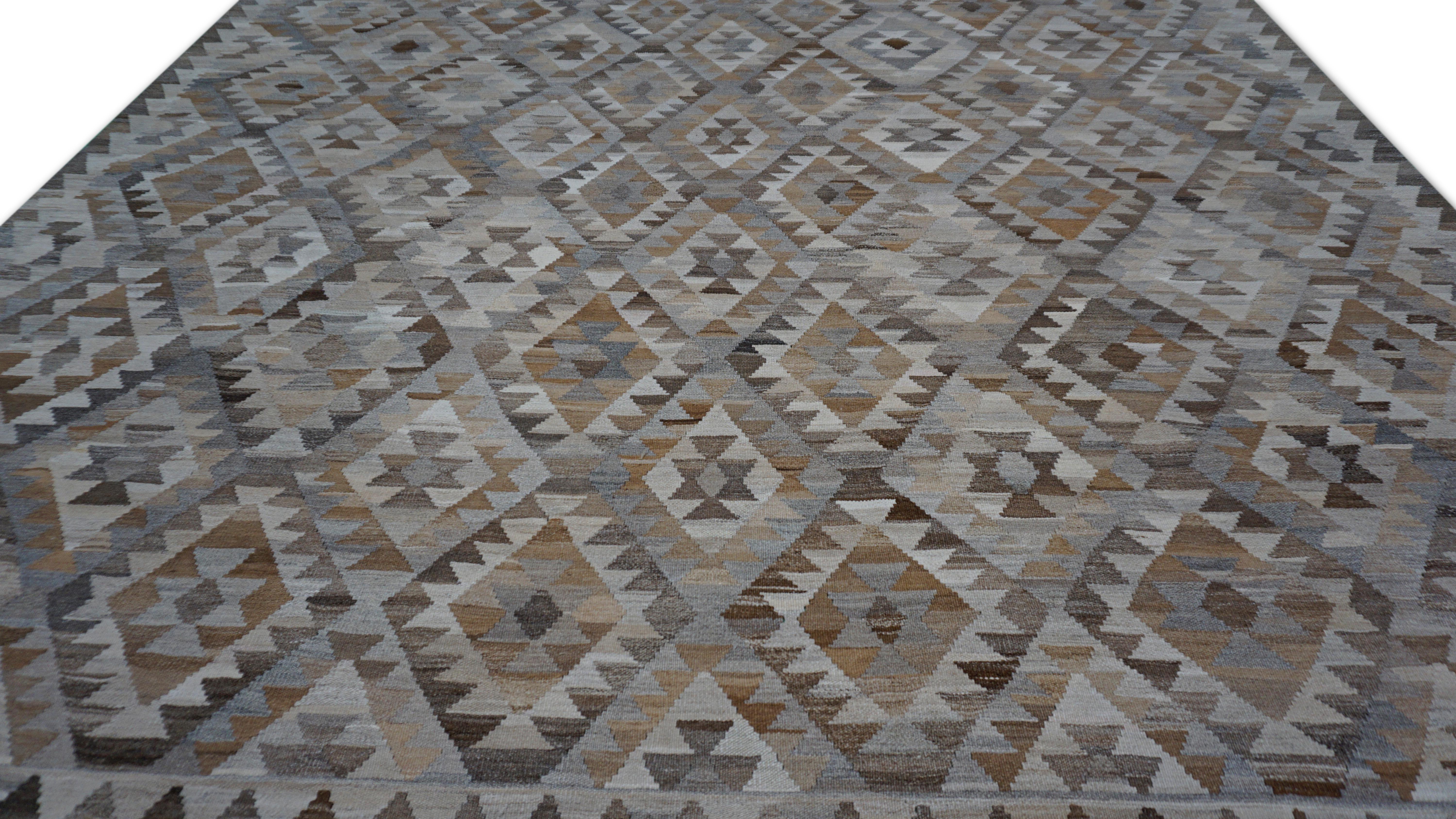 Tribal Geometric Earthy Tones Diamond Patterned Handwoven Wool Kilim 9'4''x12' For Sale