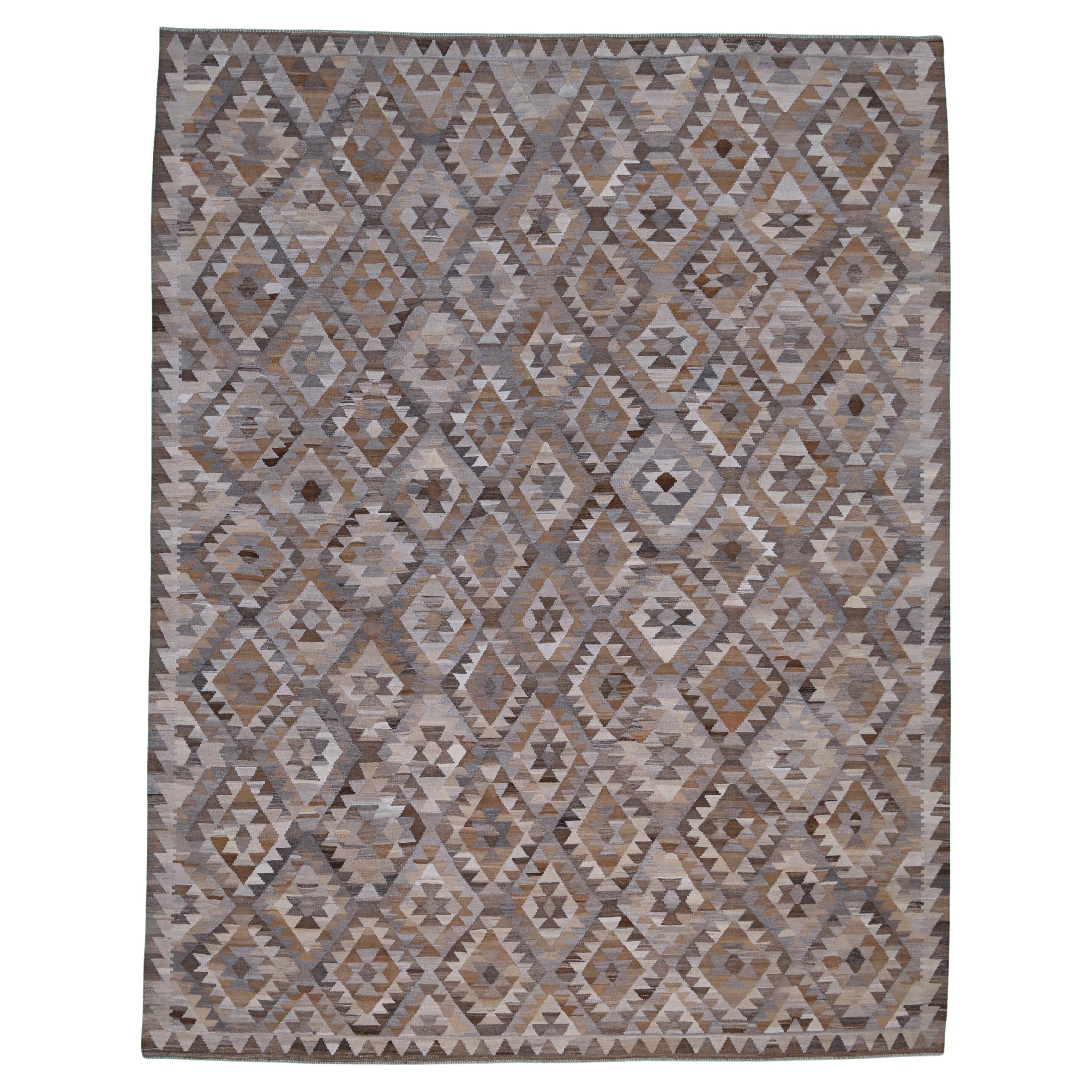 Geometric Earthy Tones Diamond Patterned Handwoven Wool Kilim 9'4''x12'