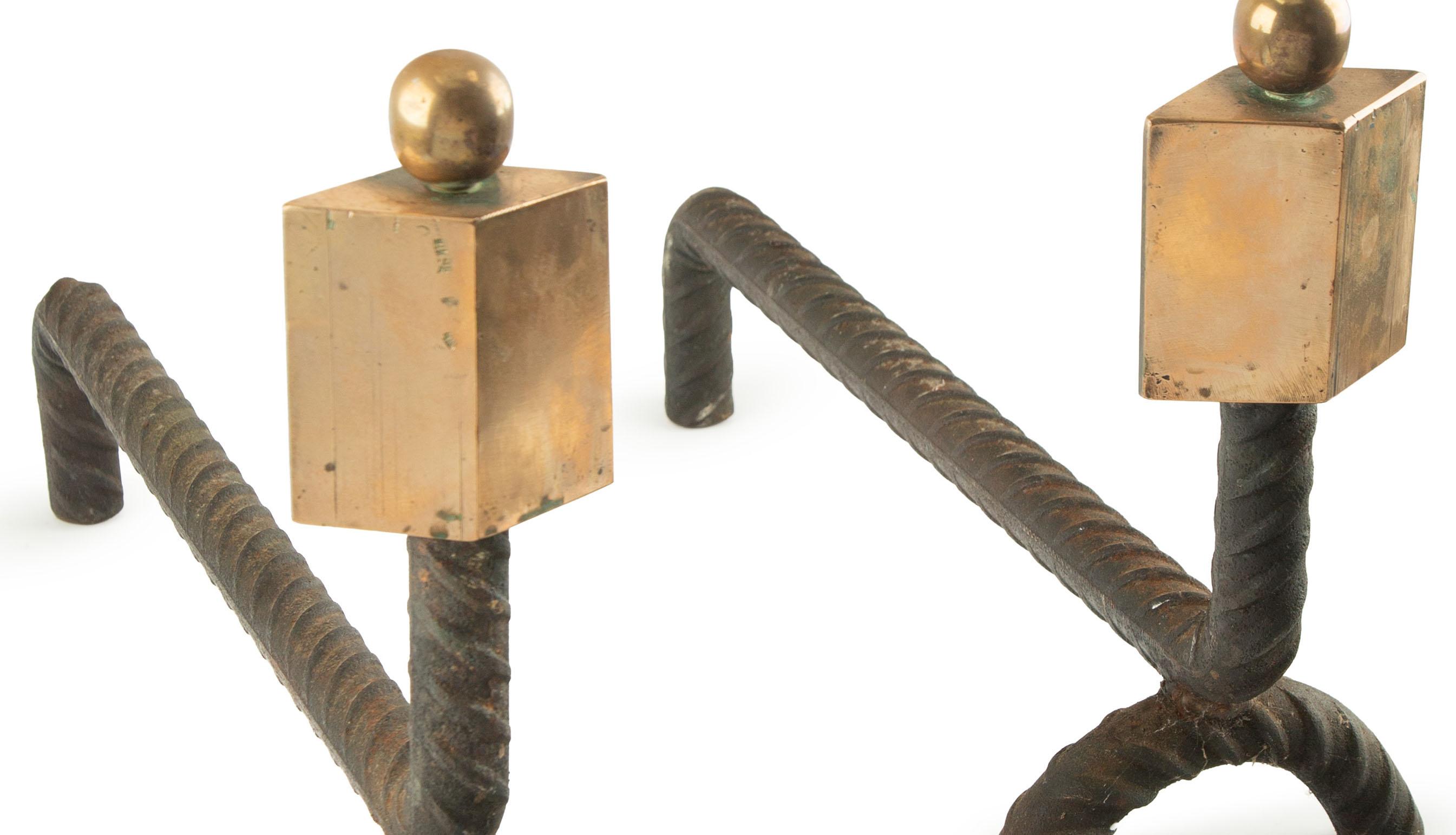 Geometric Elegance: French Mid-Century Andirons In Excellent Condition For Sale In New York, NY