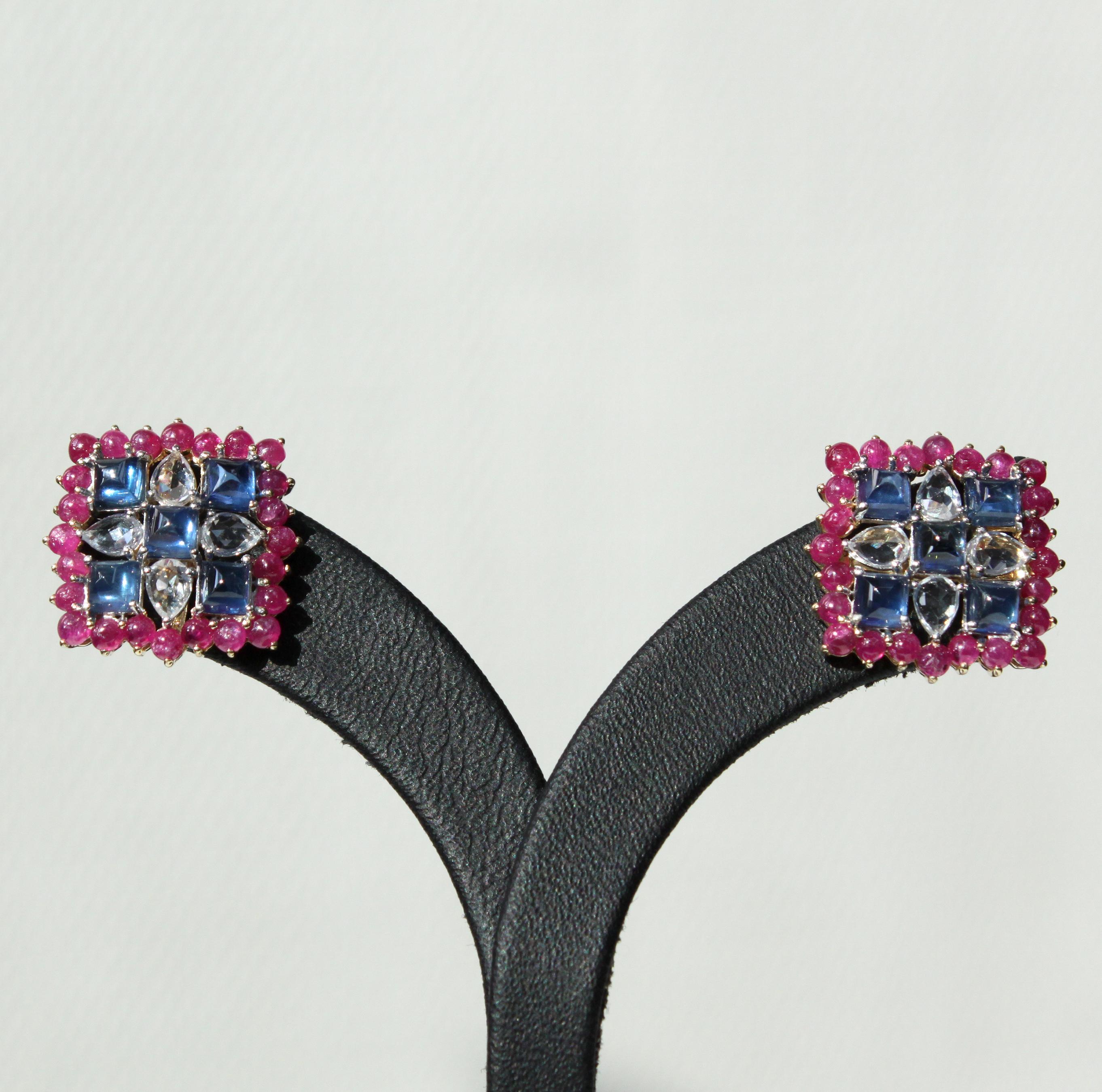 Women's Geometric Elegance Meets Dazzling Color: 14K White Gold Gemstone Earrings For Sale
