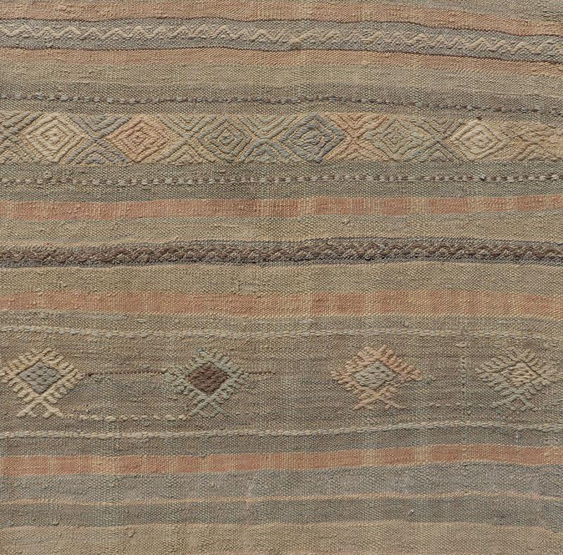 Measures: 2'8 x 10'9 
Geometric Embroidered vintage Turkish flat-weave runner in warm tones. Keivan Woven Arts / rug TU-NED-5031, country of origin / type: Turkey / Kilim, circa 1960

This Kilim rug from Turkey features a striped design of