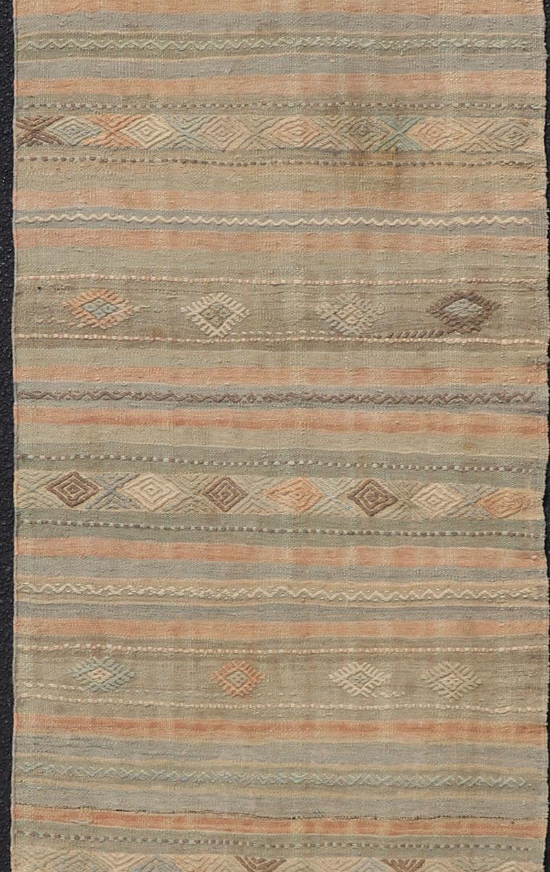 Hand-Woven Geometric Embroidered Vintage Turkish Flat-Weave Runner in Warm Tones For Sale