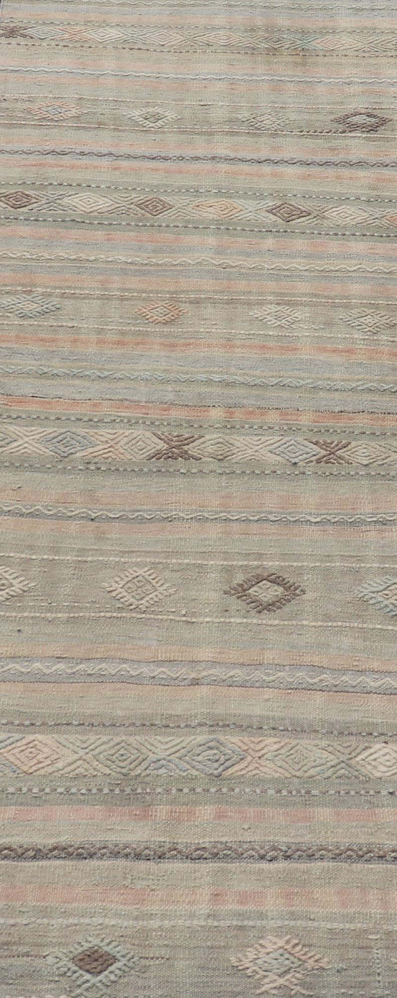 Geometric Embroidered Vintage Turkish Flat-Weave Runner in Warm Tones For Sale 1