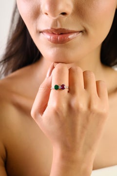 Geometric Emerald Amethyst & Diamond Two Stone Bow Ring 1.3ct in 14K White Gold