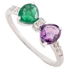 Geometric Emerald Amethyst & Diamond Two Stone Bow Ring 1.3ct in 14K White Gold