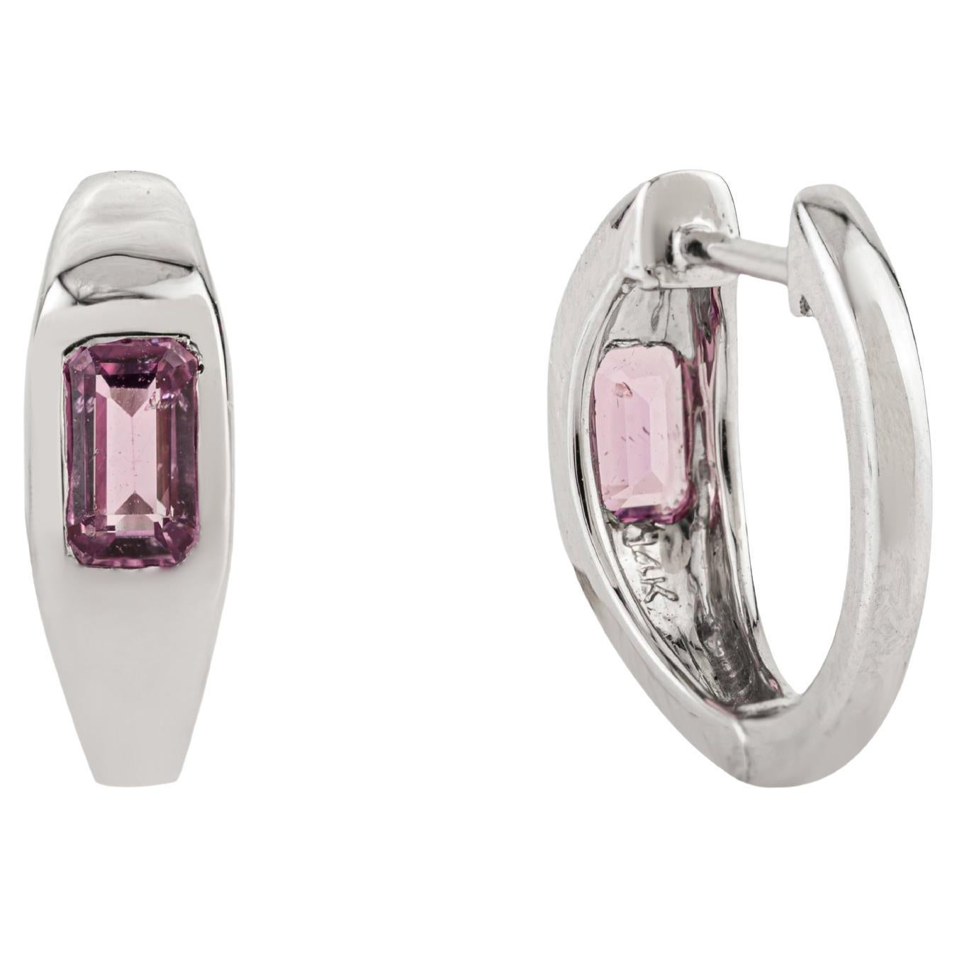 Geometric Emerald-Cut Natural Pink Sapphire Huggie Hoop Earrings 14K White Gold