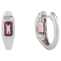Geometric Emerald-Cut Natural Pink Sapphire Huggie Hoop Earrings 18K White Gold
