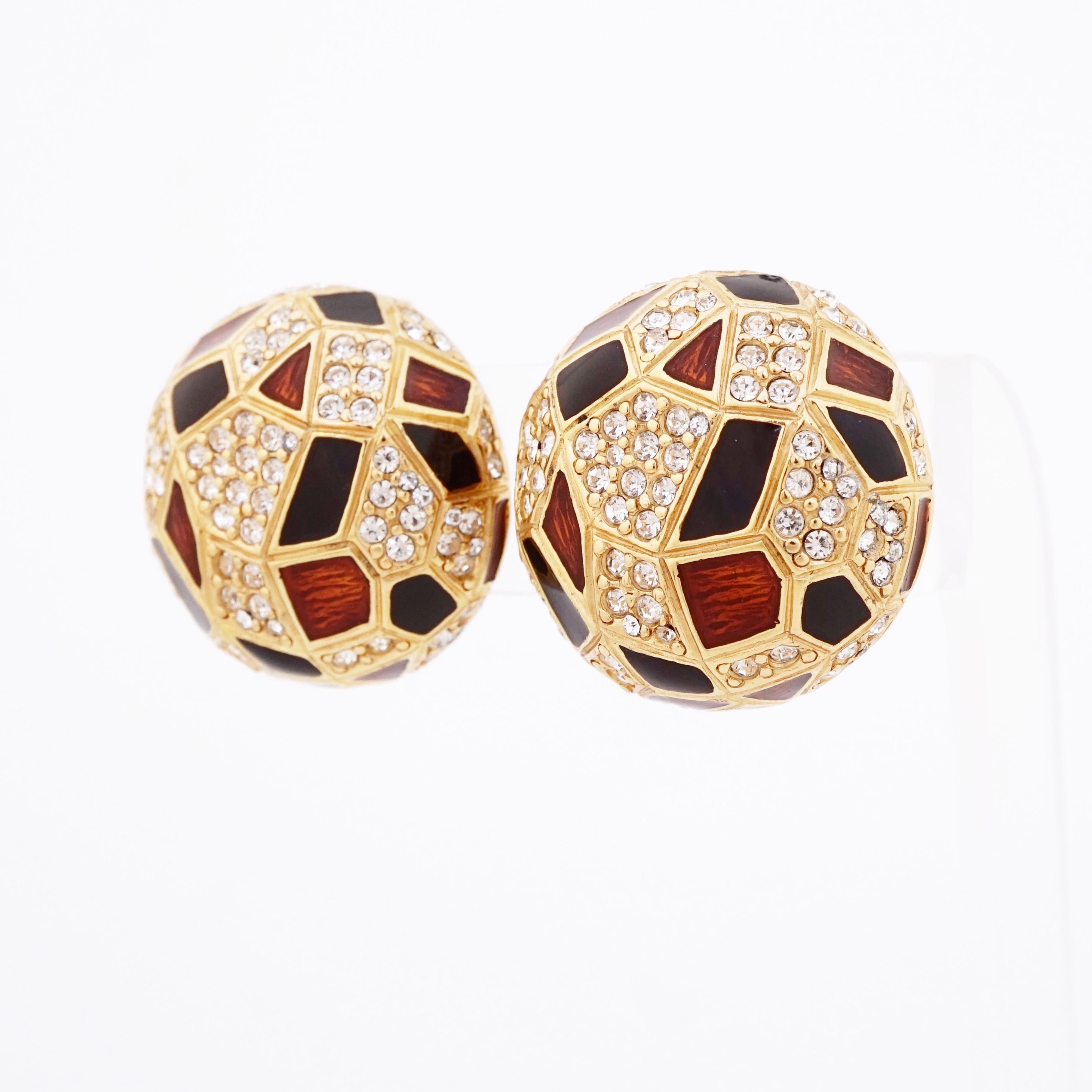 Modern Geometric Enameled Dome Earrings With Crystal Pavé By Ciner, 1980s For Sale