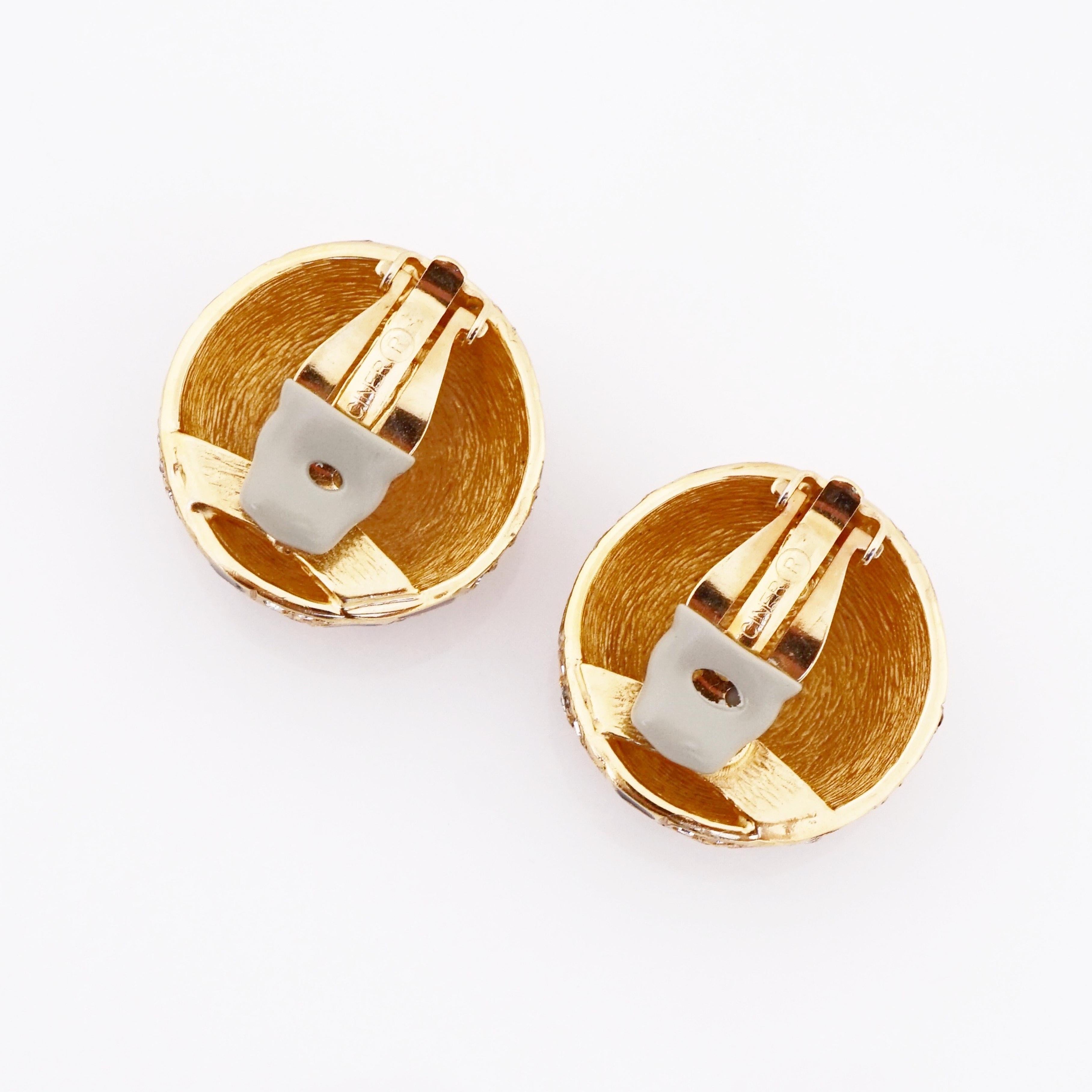 Women's Geometric Enameled Dome Earrings With Crystal Pavé By Ciner, 1980s For Sale