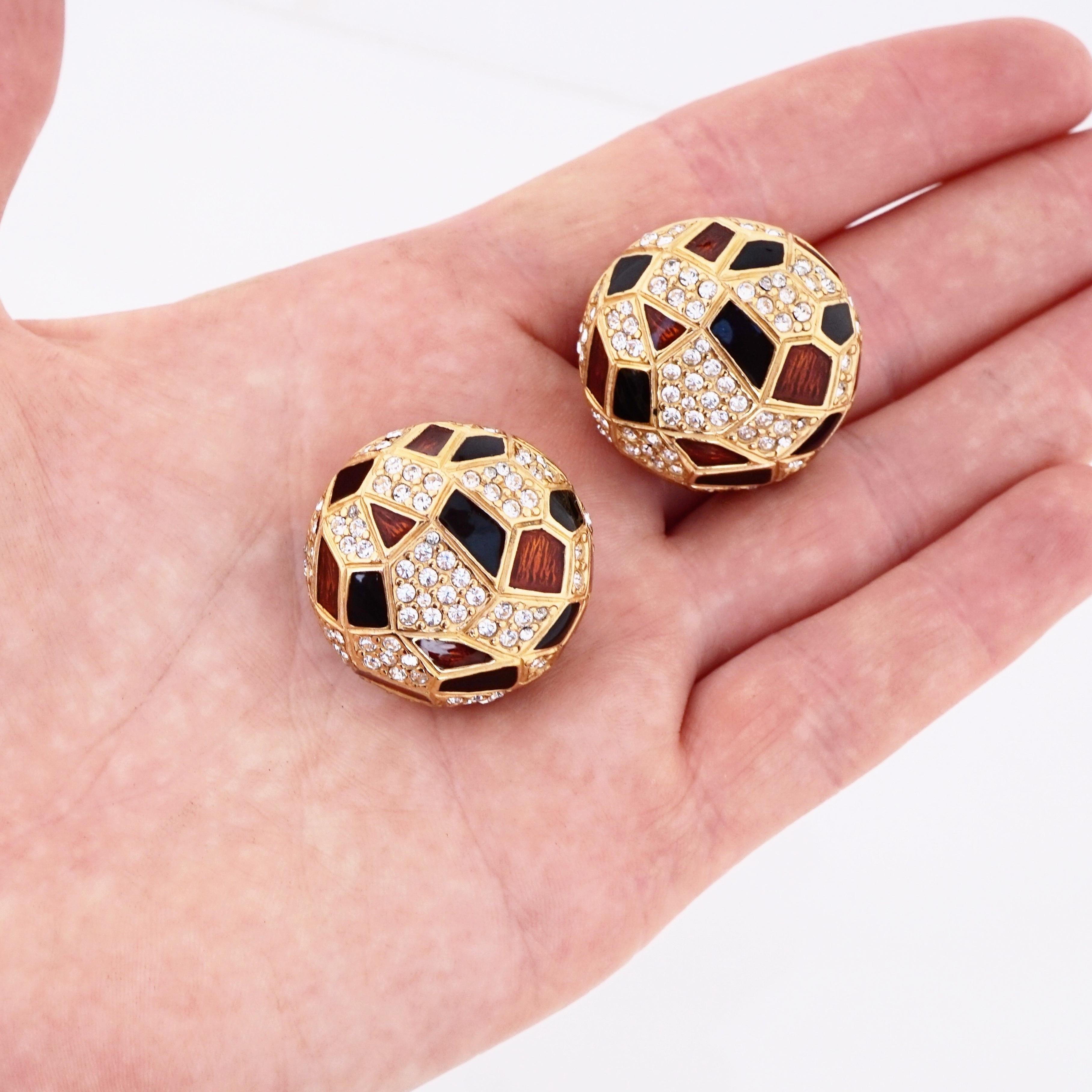 Geometric Enameled Dome Earrings With Crystal Pavé By Ciner, 1980s For Sale 2