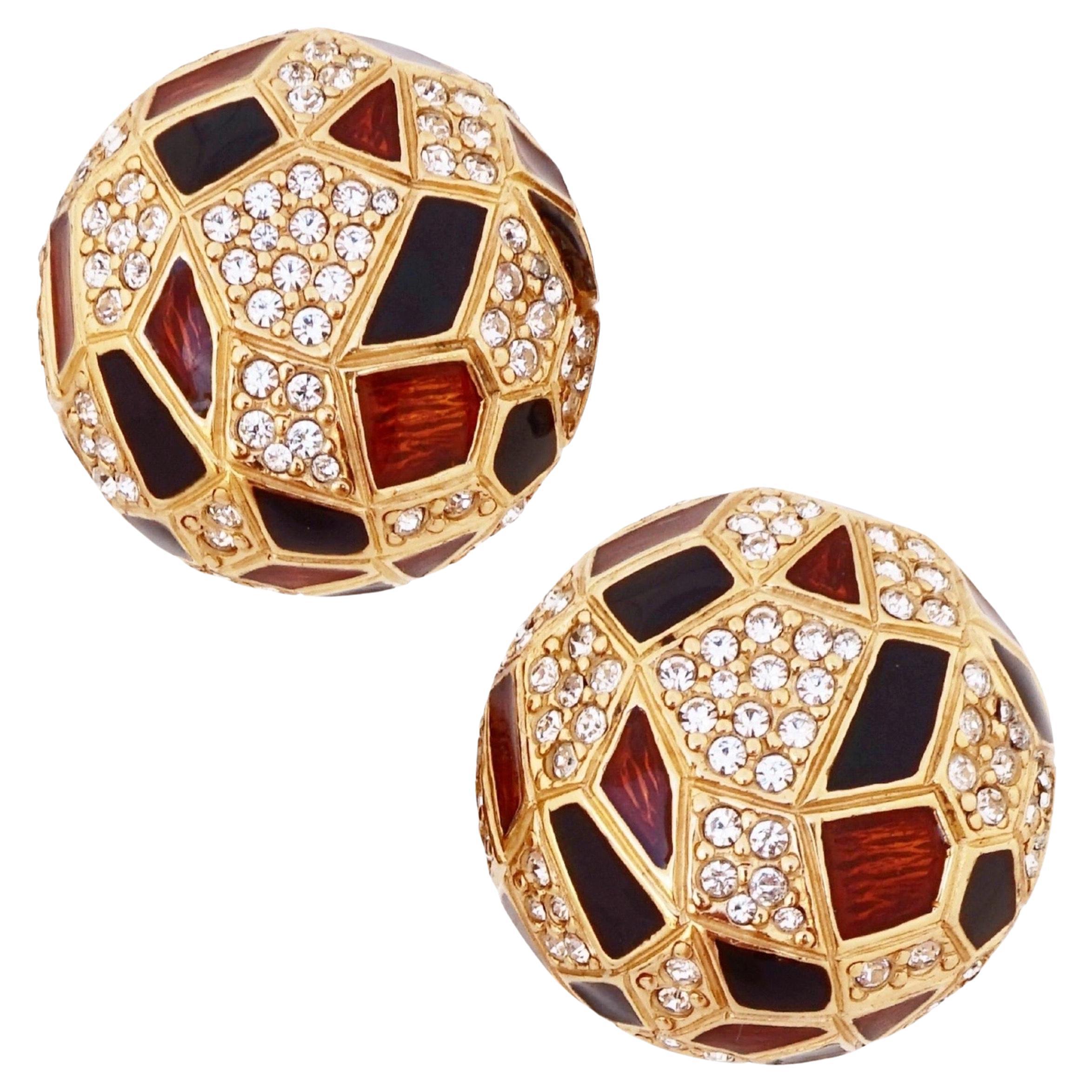 Geometric Enameled Dome Earrings With Crystal Pavé By Ciner, 1980s For Sale