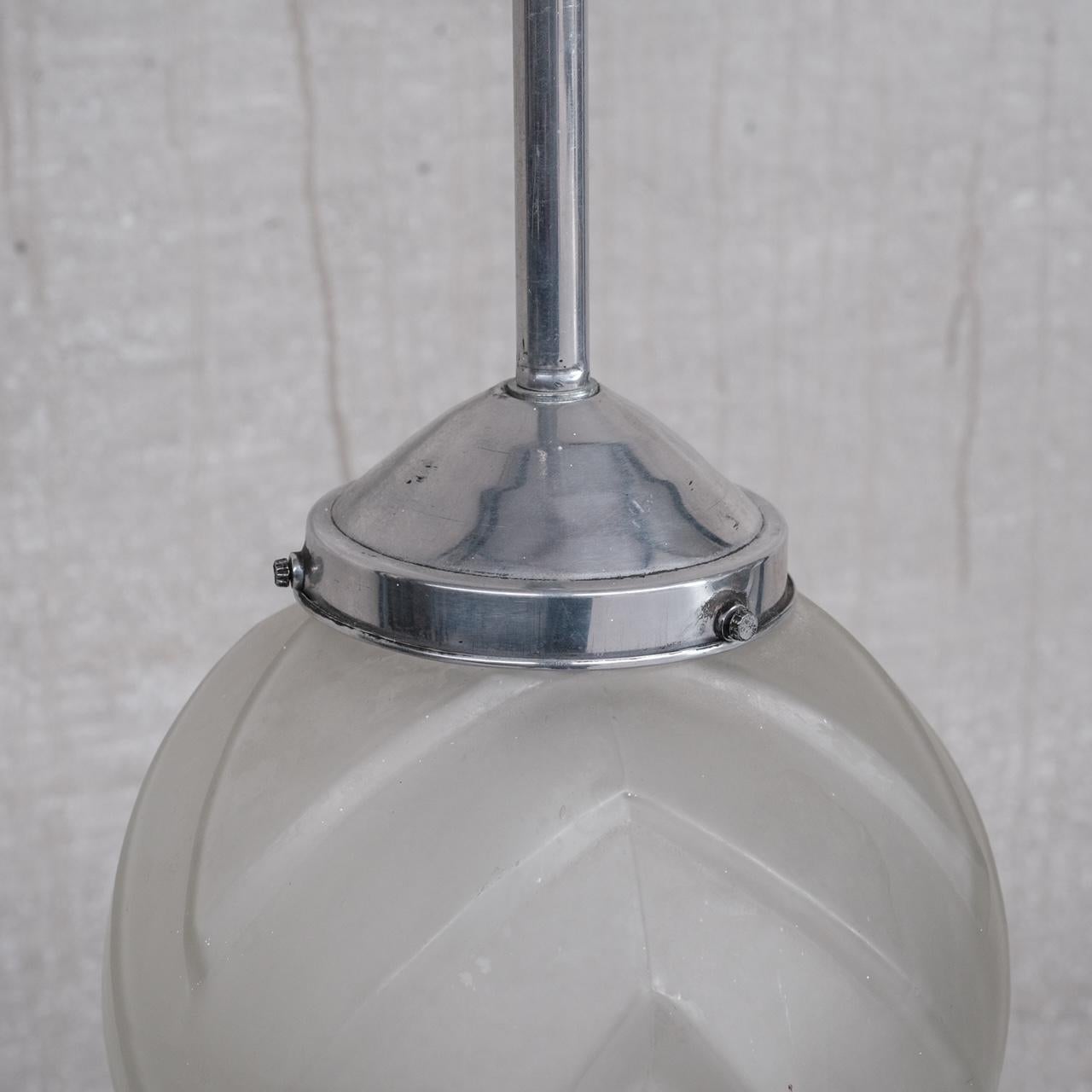 French Geometric Etched Glass and Metal Art Deco Pendant Light For Sale
