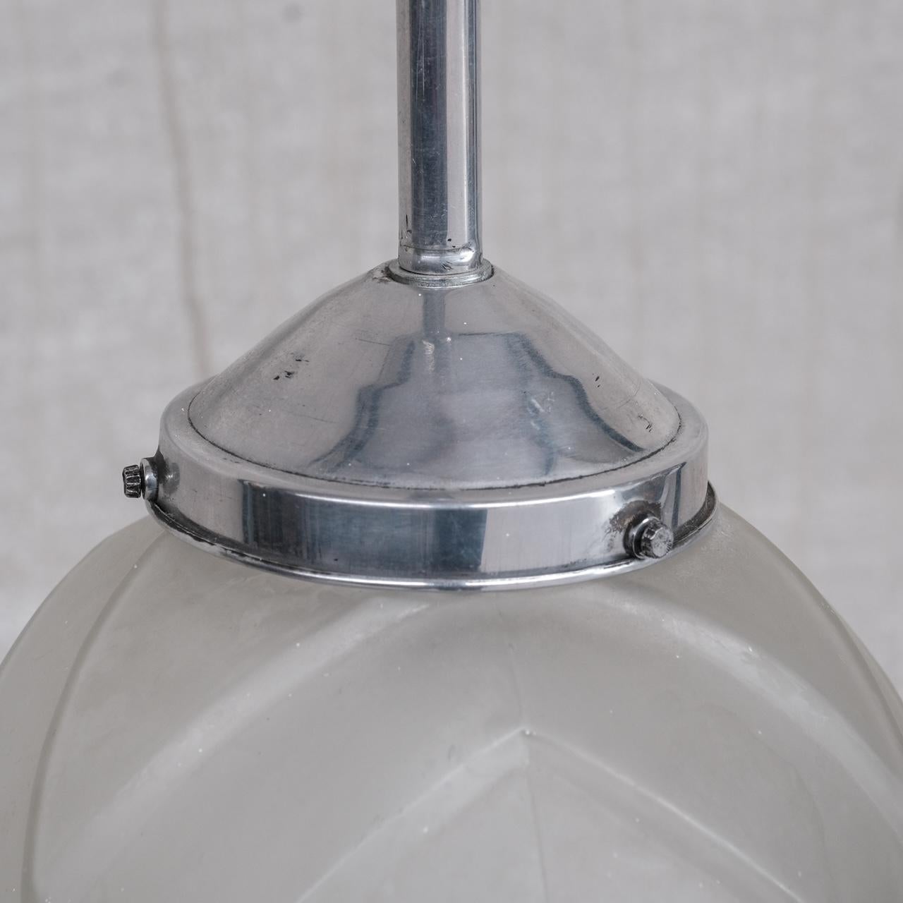Geometric Etched Glass and Metal Art Deco Pendant Light In Good Condition For Sale In London, GB