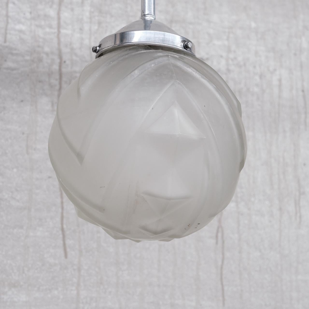 20th Century Geometric Etched Glass and Metal Art Deco Pendant Light For Sale