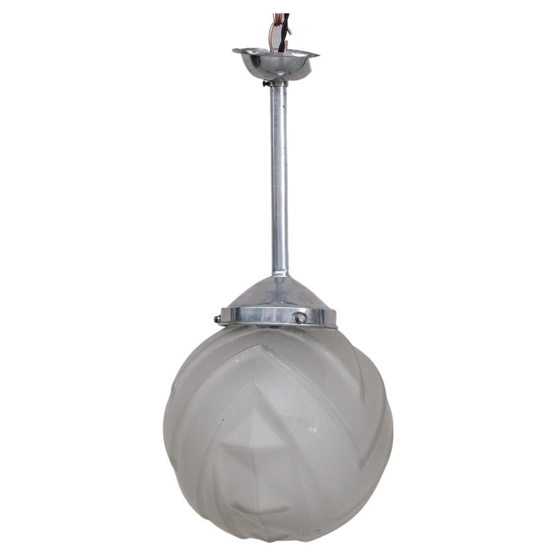 Lampe à suspension Art Déco géométrique en verre gravé et métal