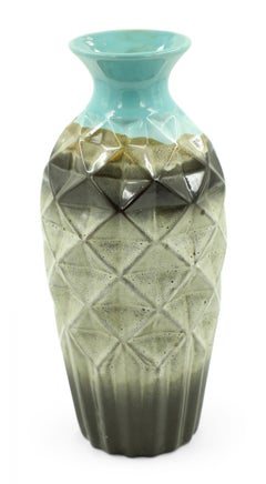 Geometric Faceted and Fluted Rim Blue and Brown Vase