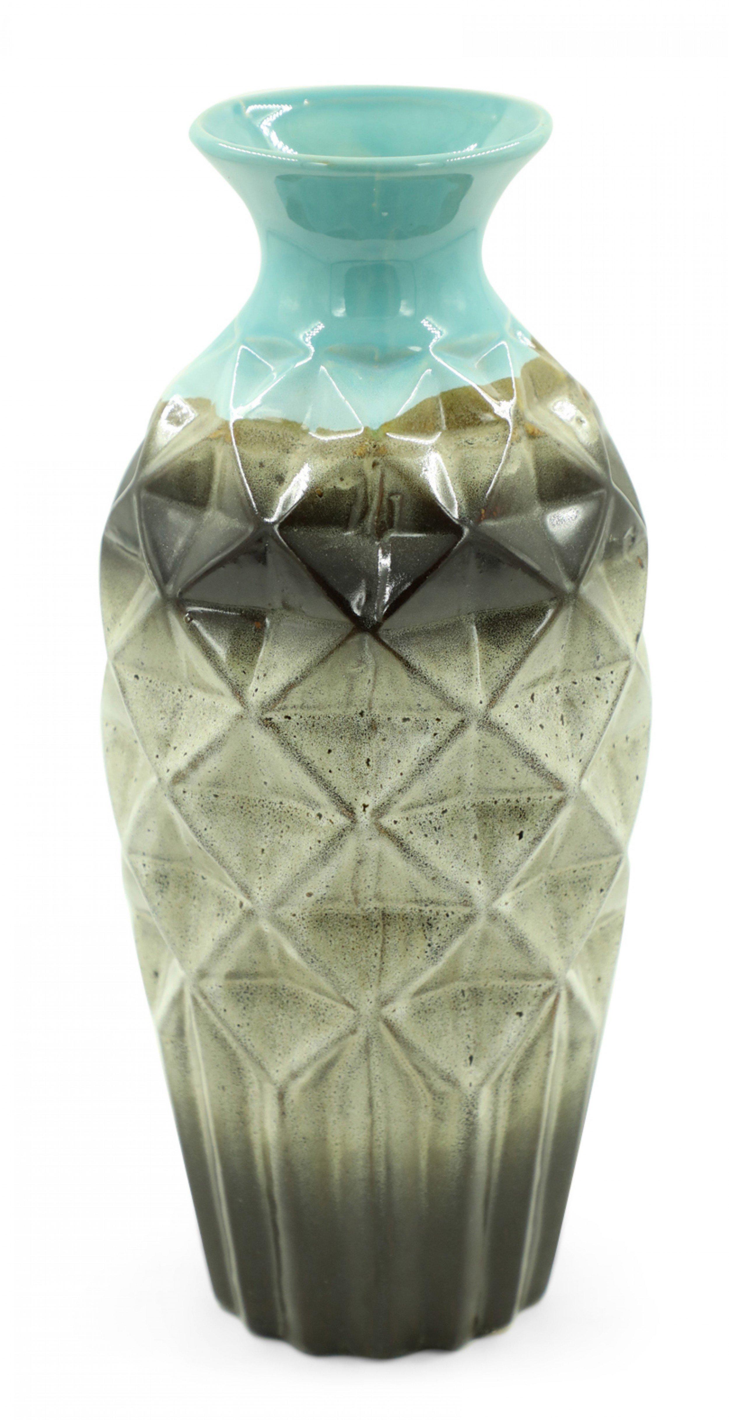 Ceramic Geometric Faceted and Fluted Rim Blue and Brown Vase For Sale