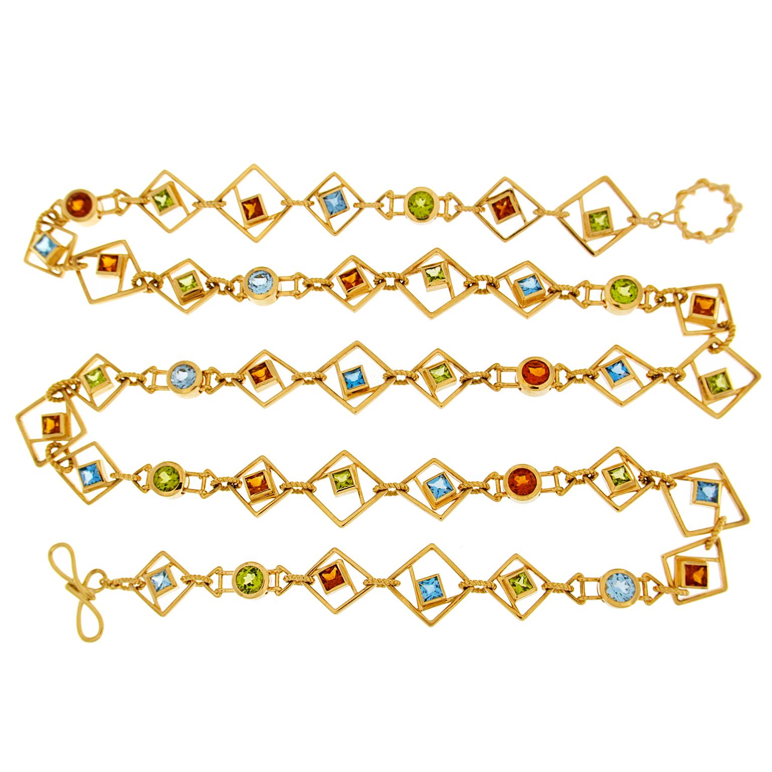 18K Yellow Gold Chain Faceted Peridot, Blue Topaz, and Citrine Necklace In New Condition For Sale In New York, NY