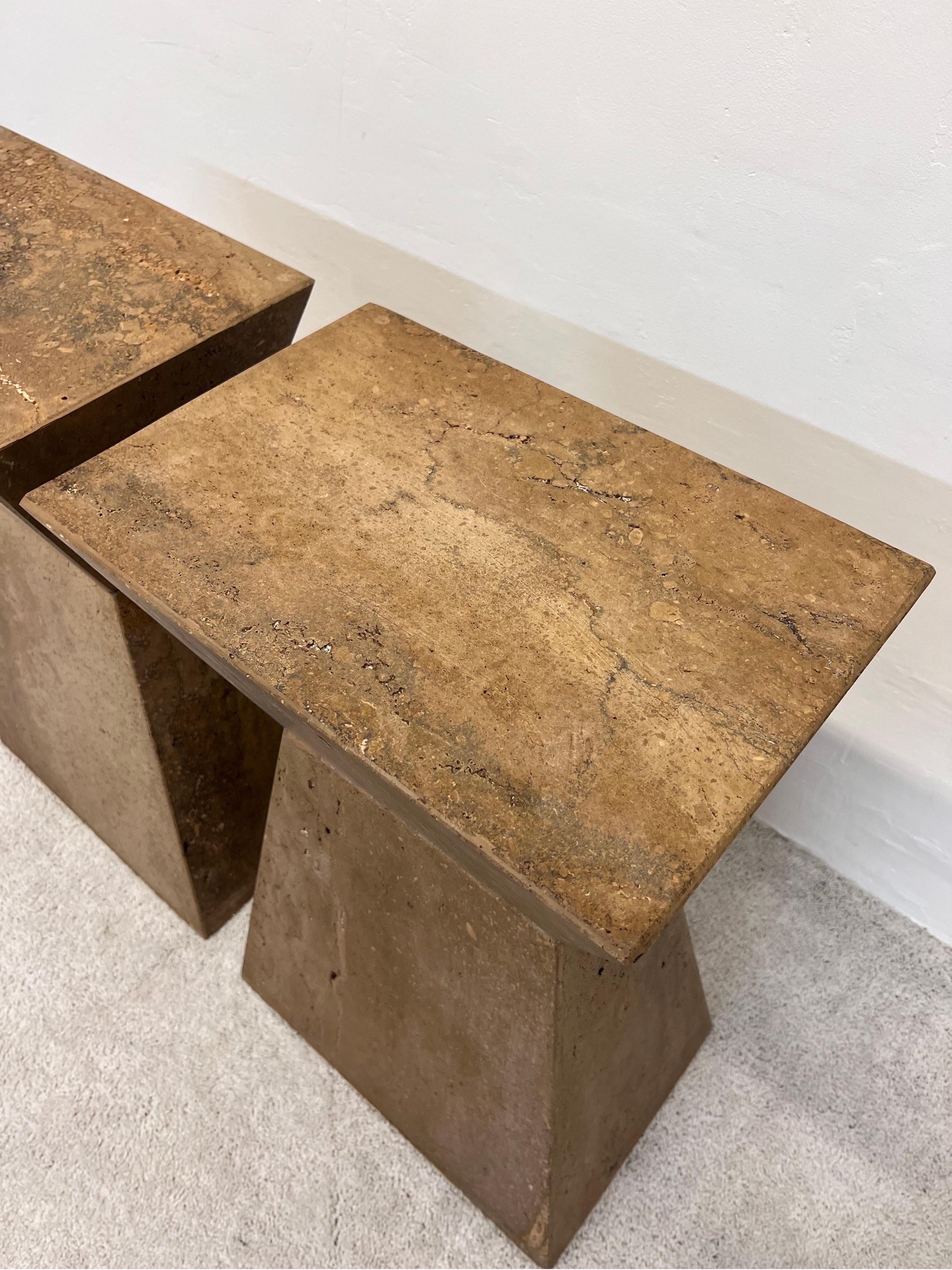 Geometric Faceted Italian Travertine Pedestal Tables, a Pair 5