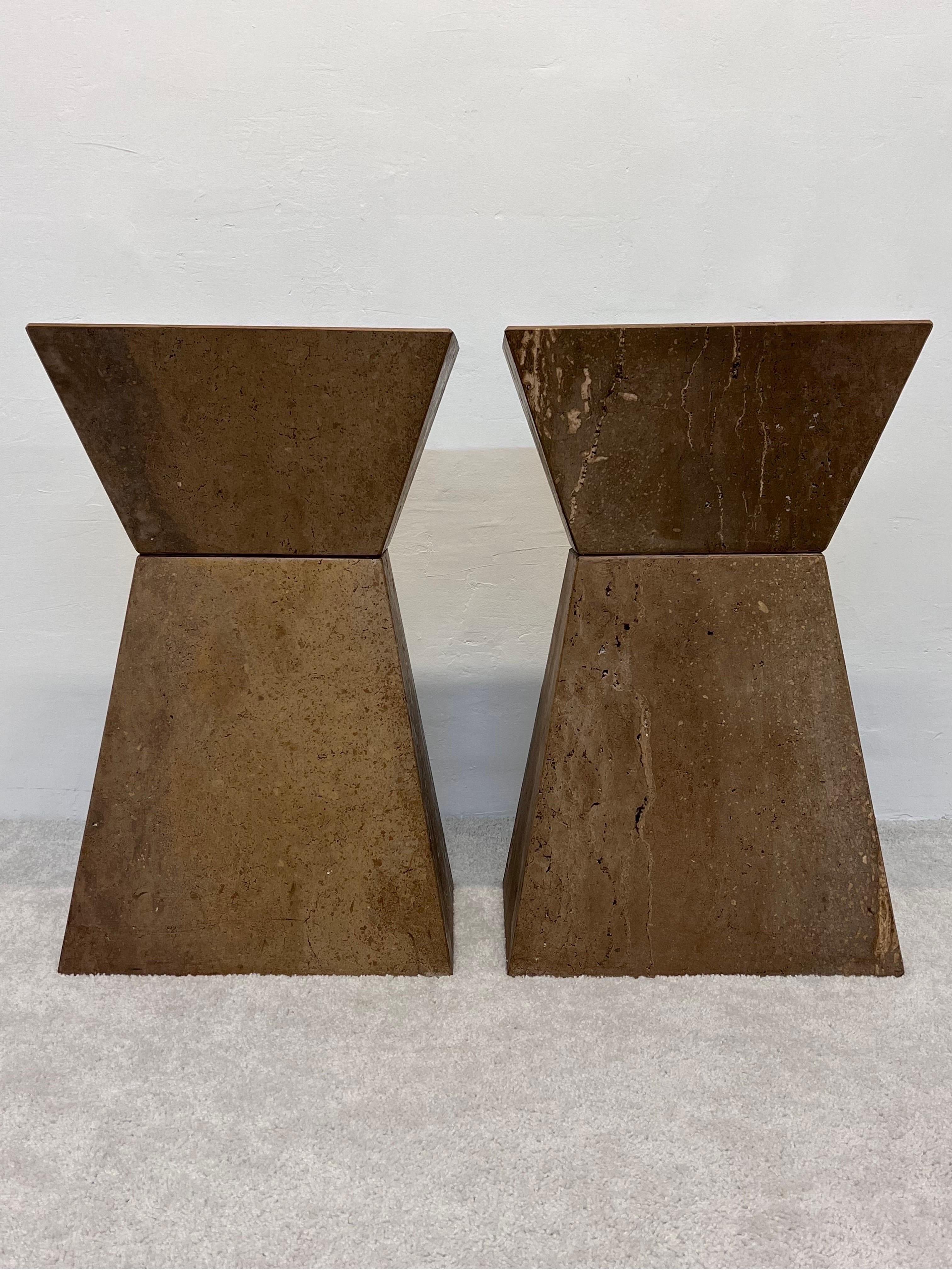 Geometric Faceted Italian Travertine Pedestal Tables, a Pair 6