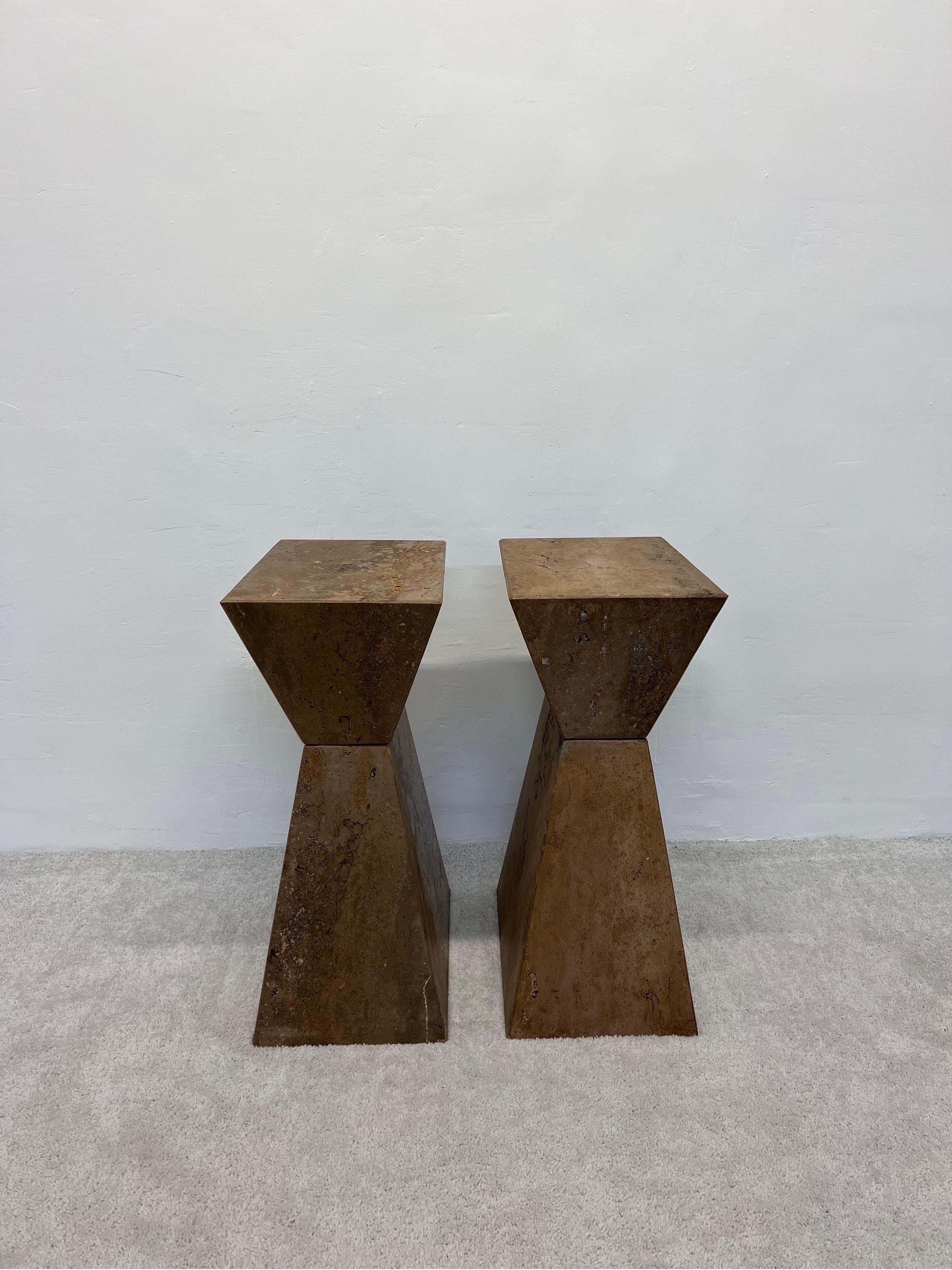 Post-Modern Geometric Faceted Italian Travertine Pedestal Tables, a Pair