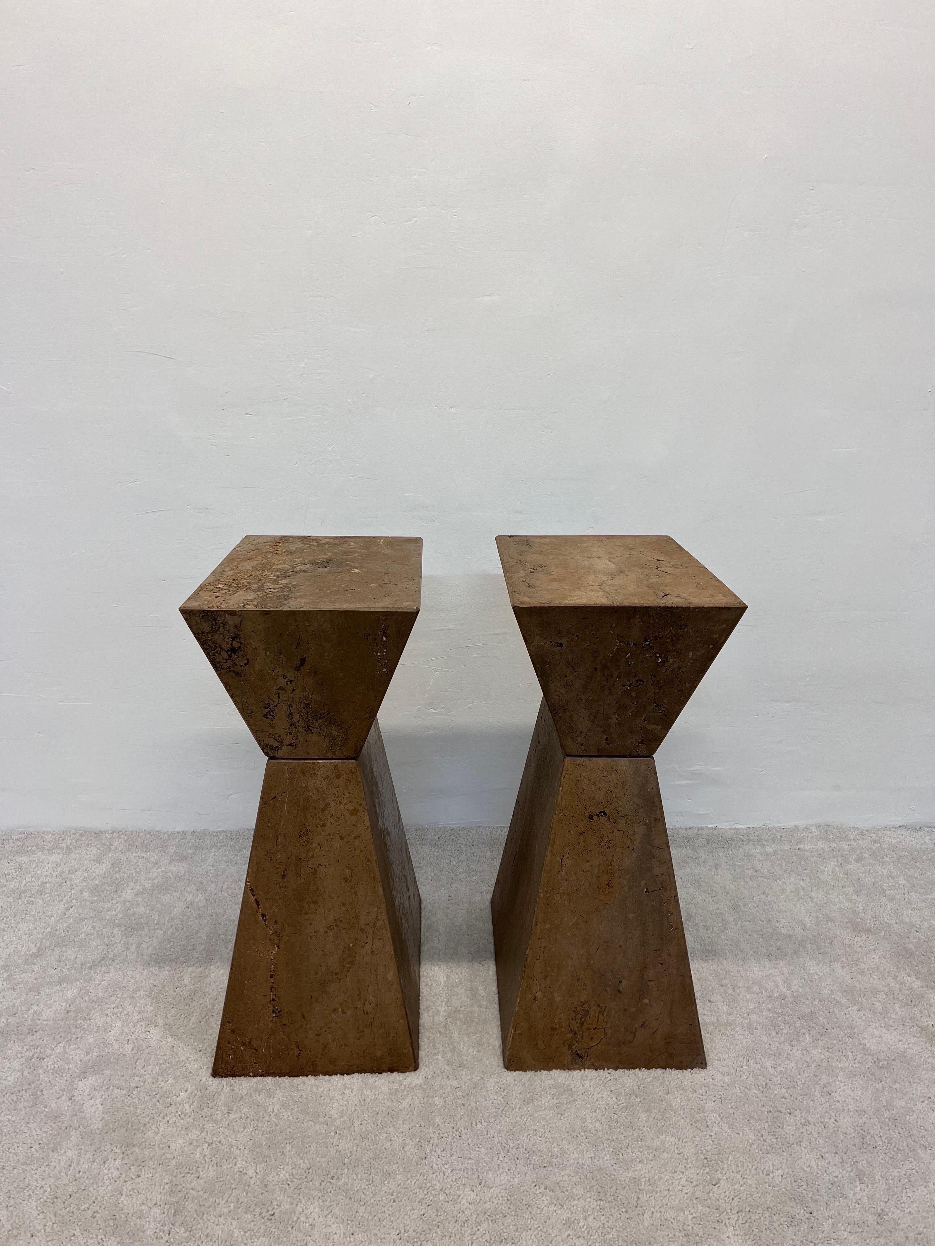 20th Century Geometric Faceted Italian Travertine Pedestal Tables, a Pair
