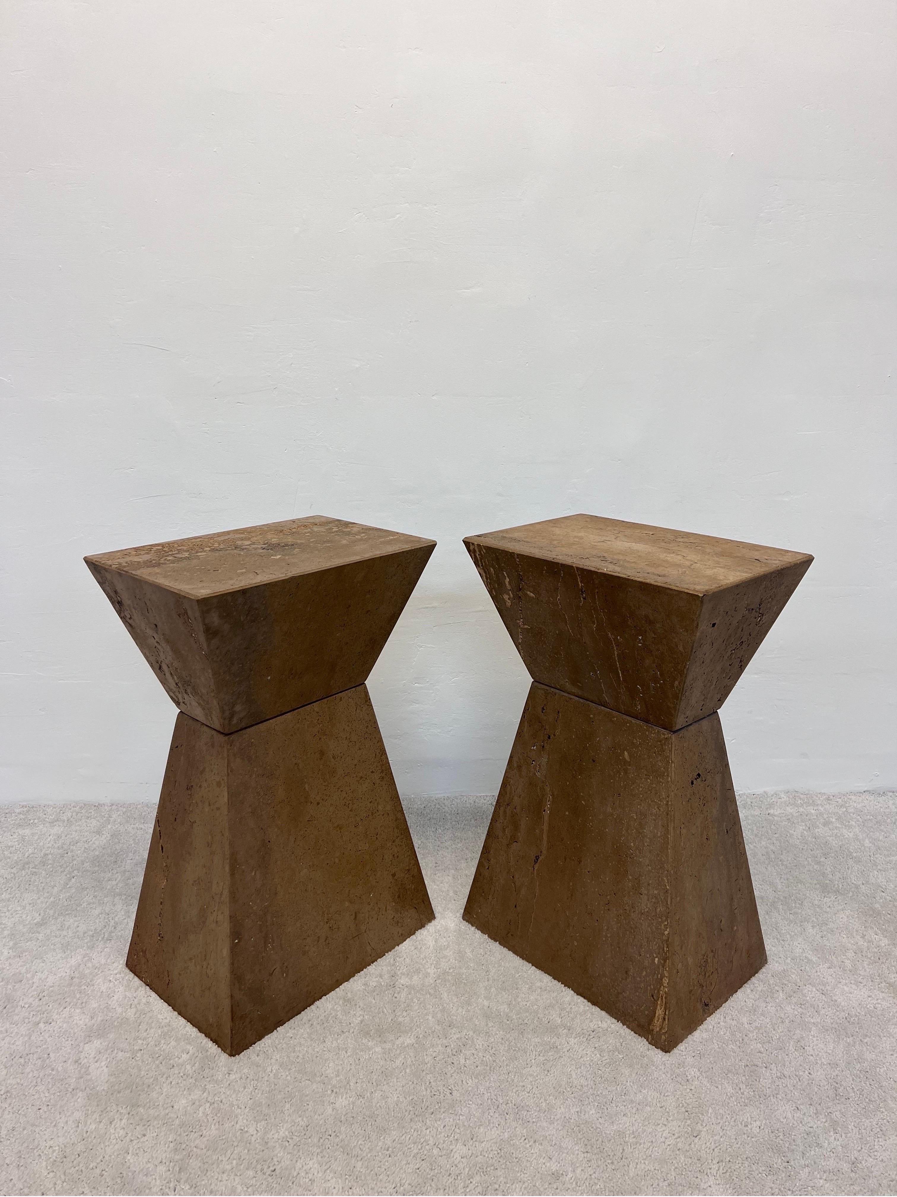 Geometric Faceted Italian Travertine Pedestal Tables, a Pair 1