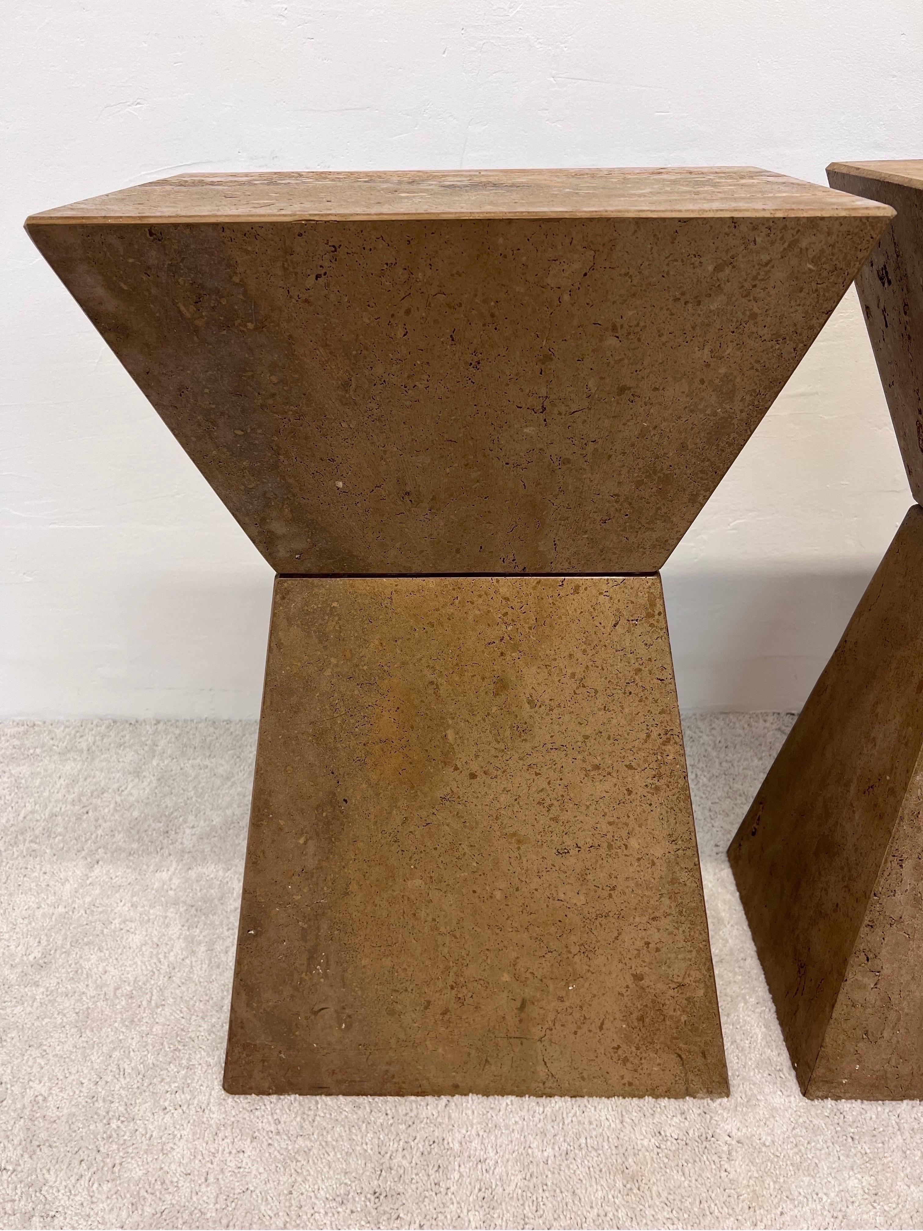 Geometric Faceted Italian Travertine Pedestal Tables, a Pair 2