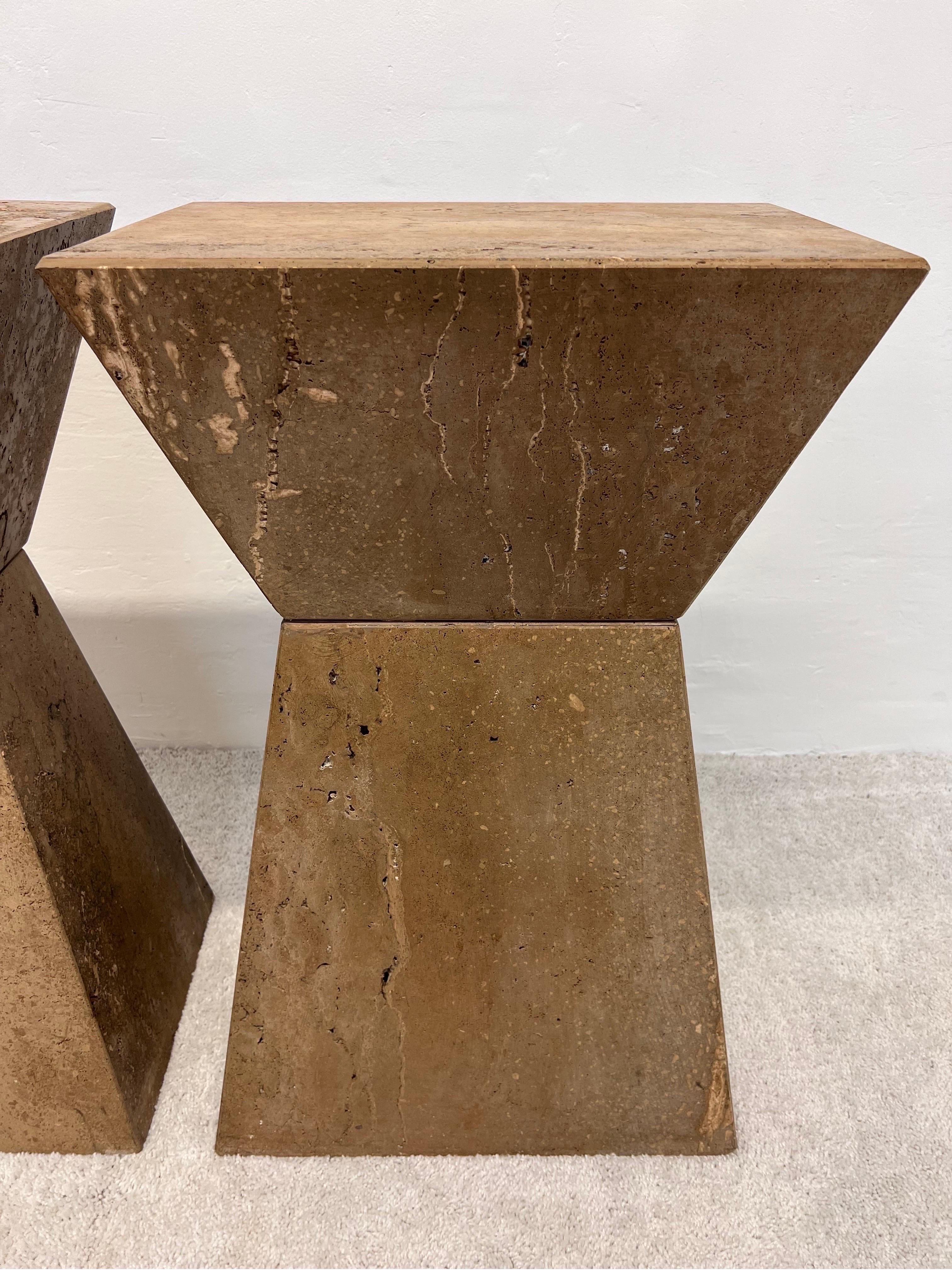 Geometric Faceted Italian Travertine Pedestal Tables, a Pair 3