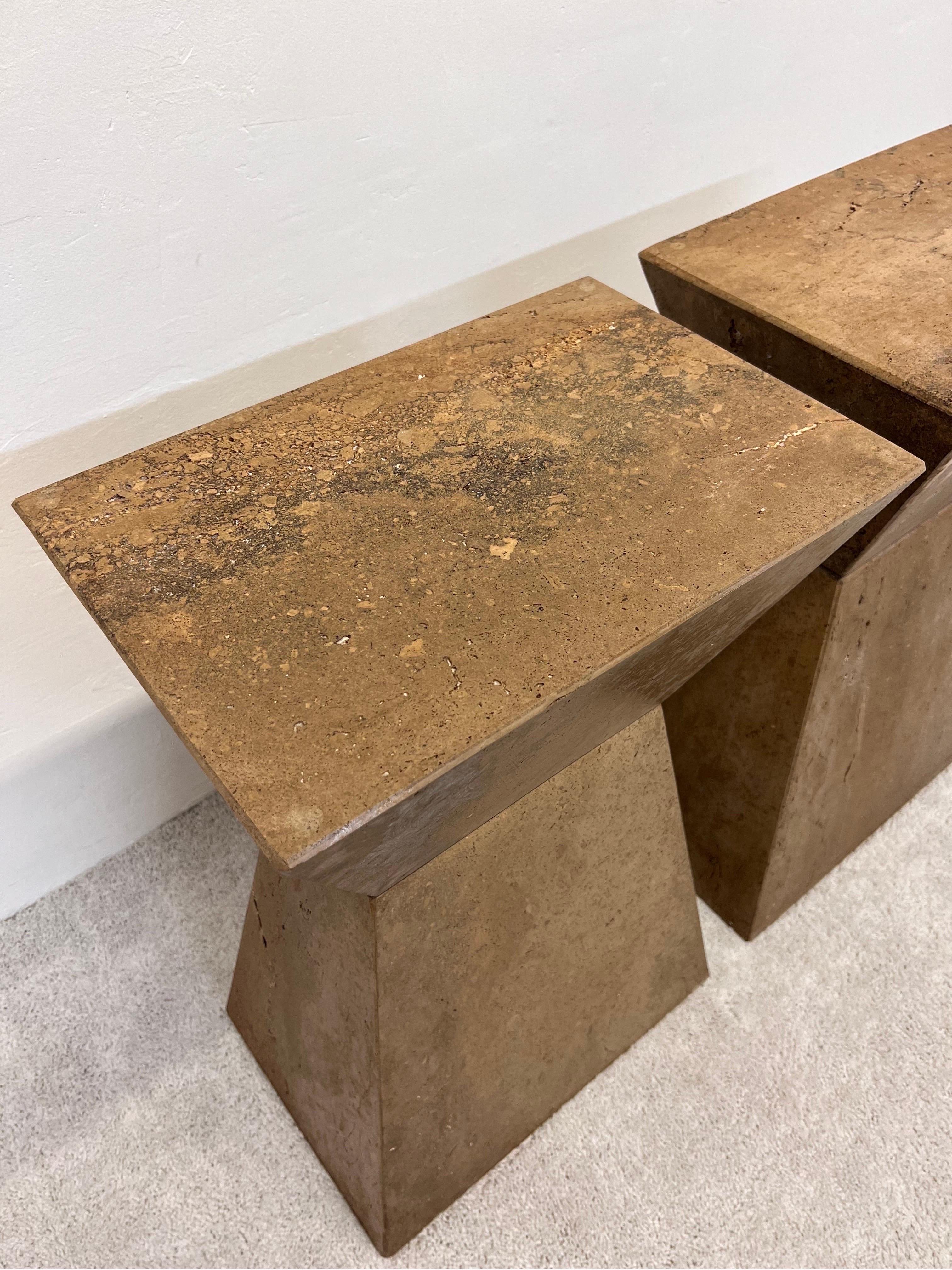 Geometric Faceted Italian Travertine Pedestal Tables, a Pair 4