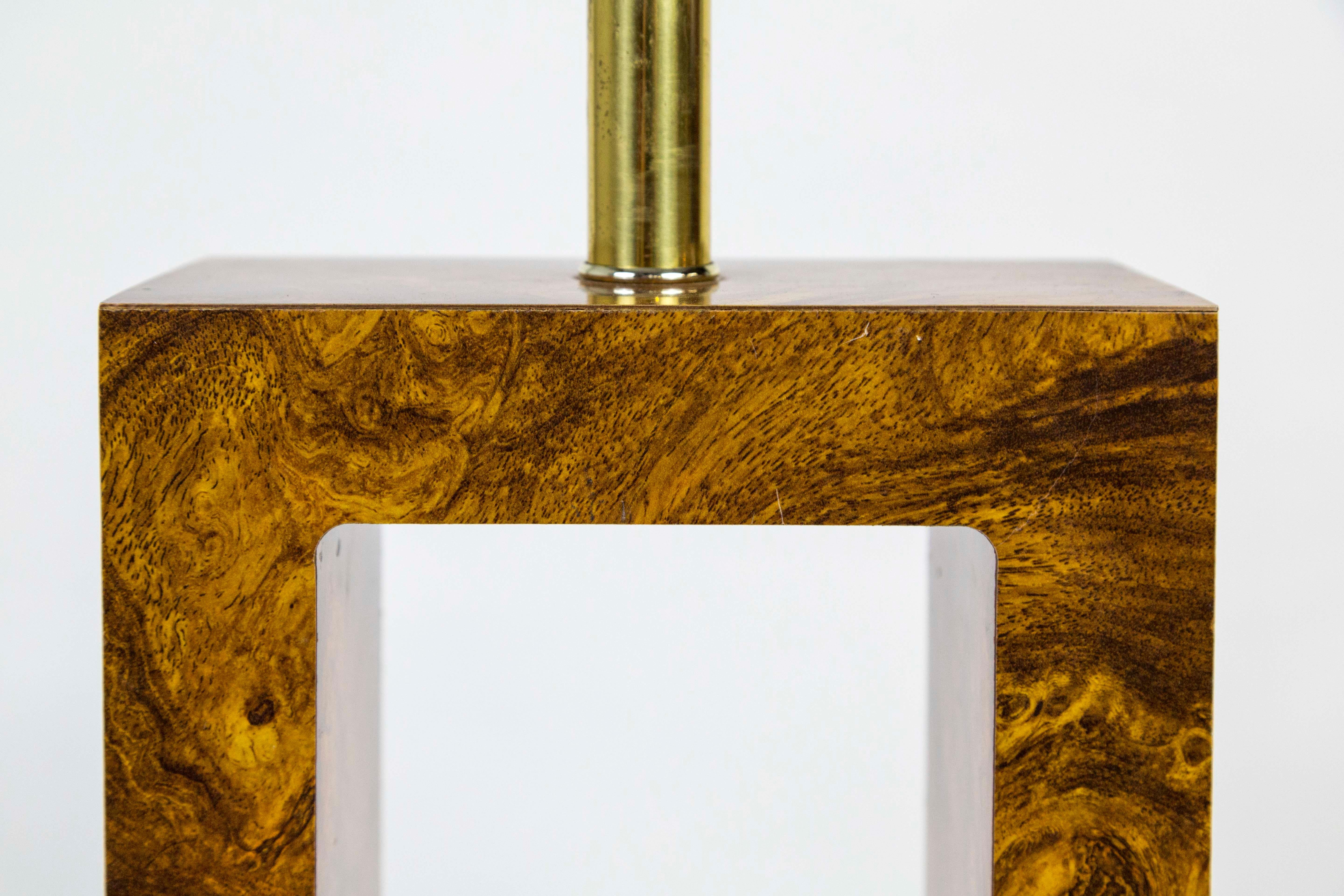 Brass Geometric Faux Bois Burl Wood Table Lamp For Sale