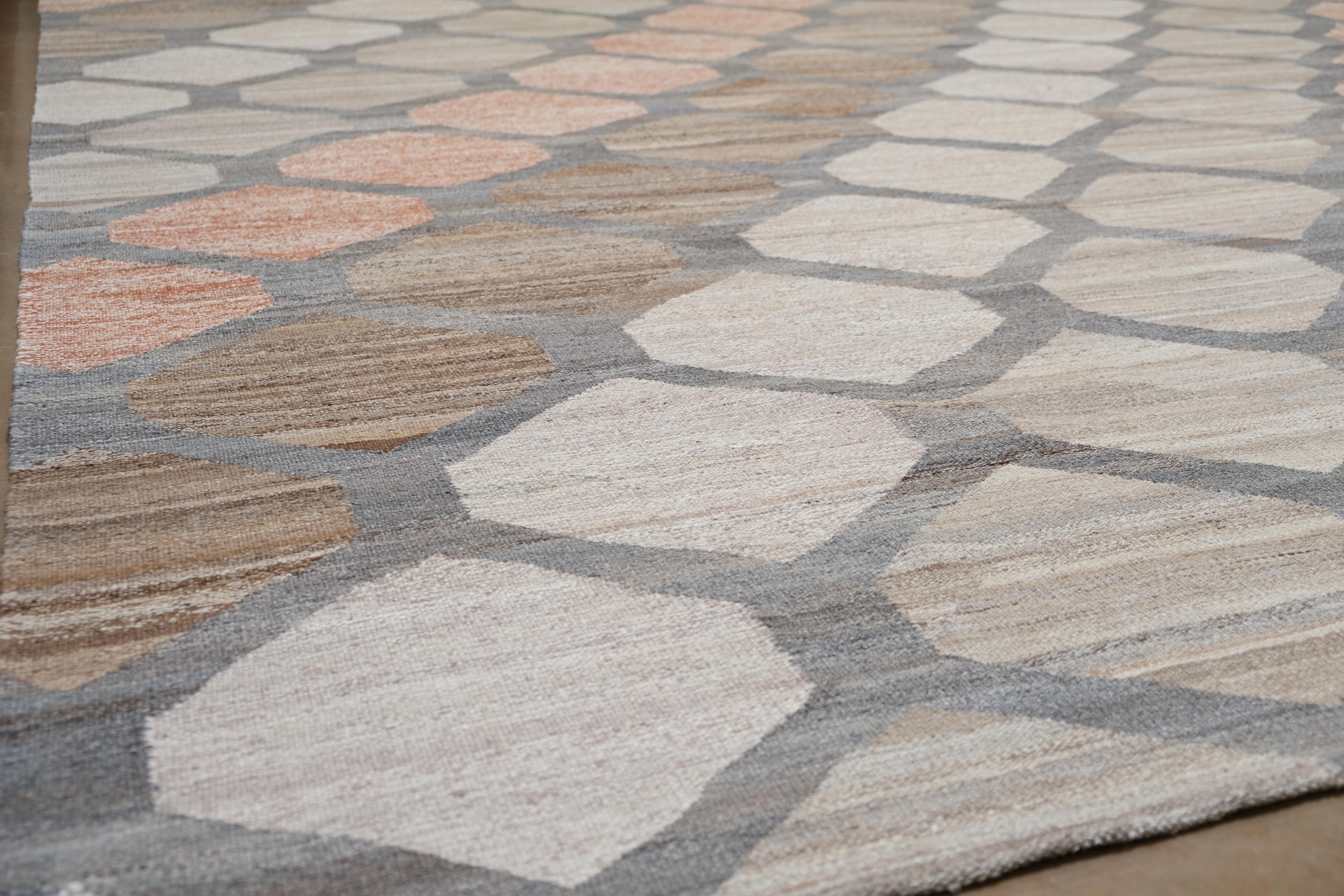 Fino geométrico  Kilim de lana tejido a mano 13'5''x15'7'' Moderno en venta
