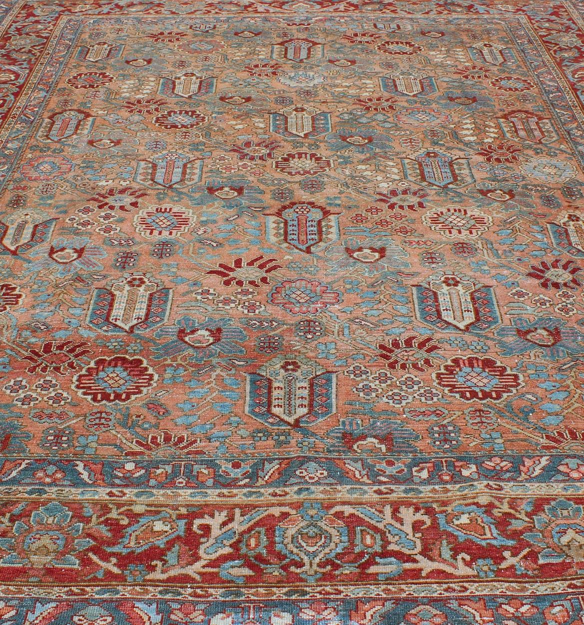 Geometric-Floral Antique Persian Bakhtiari Rug with All-Over Design in Salmon For Sale 4