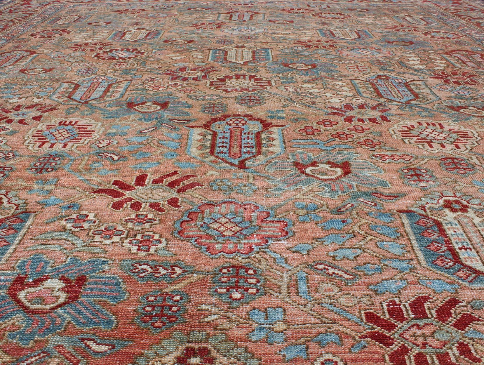 Geometric-Floral Antique Persian Bakhtiari Rug with All-Over Design in Salmon For Sale 5